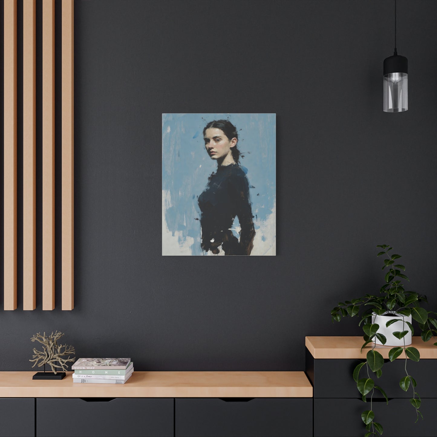 Matte Stretched Canvas Print — Portrait of a Young Woman, Moody Blue Figurative Art