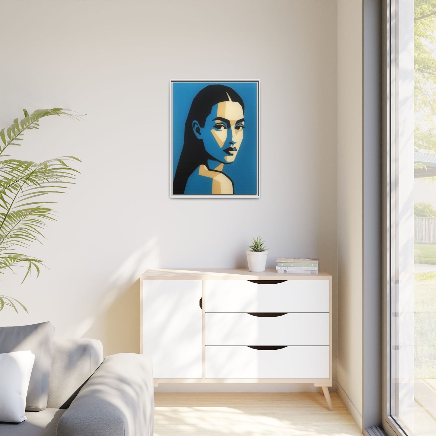 Framed Pop Art Portrait Canvas — Blue Geometric Woman Print