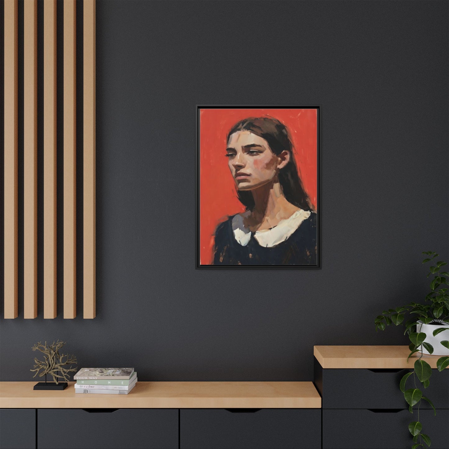 Framed Matte Canvas Portrait Print — Moody Red Figurative Art