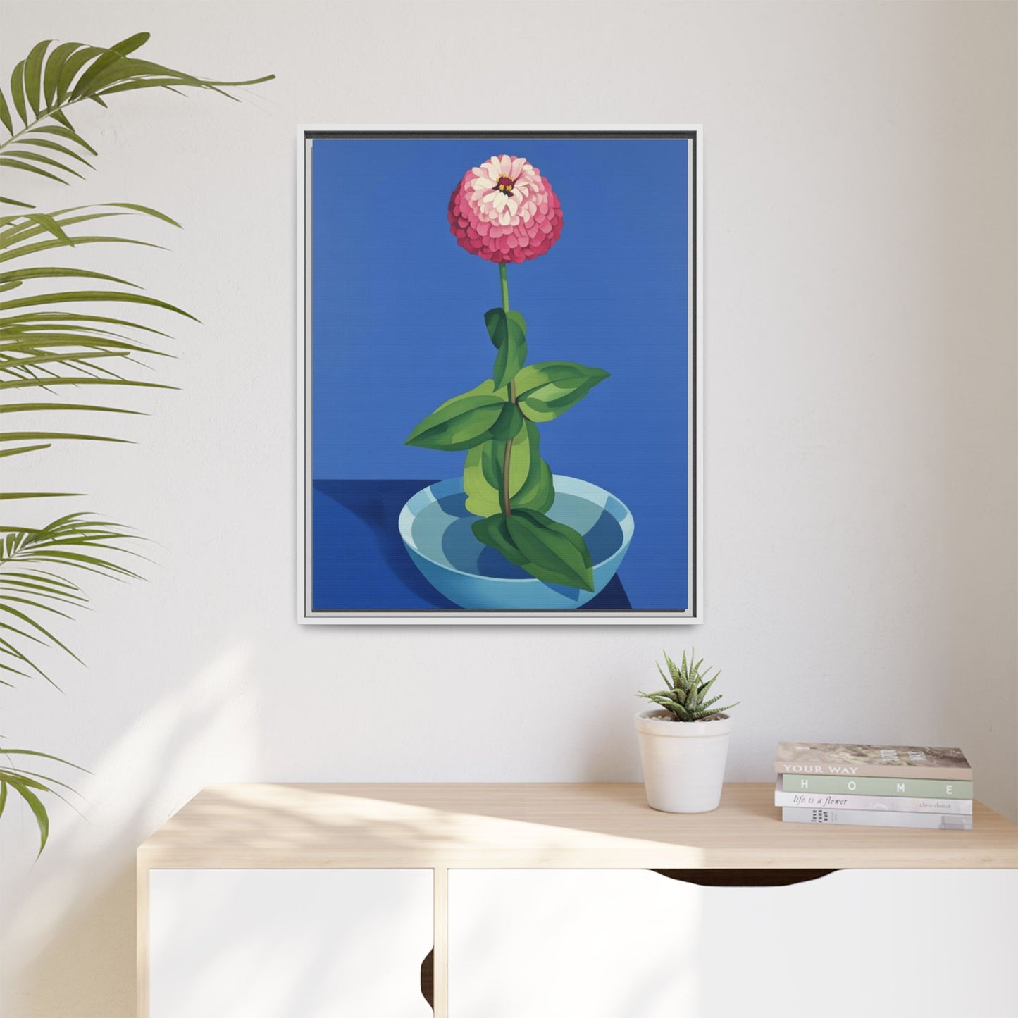 Framed Matte Canvas Art — Pink Zinnia in Blue Bowl (Botanical Still Life)