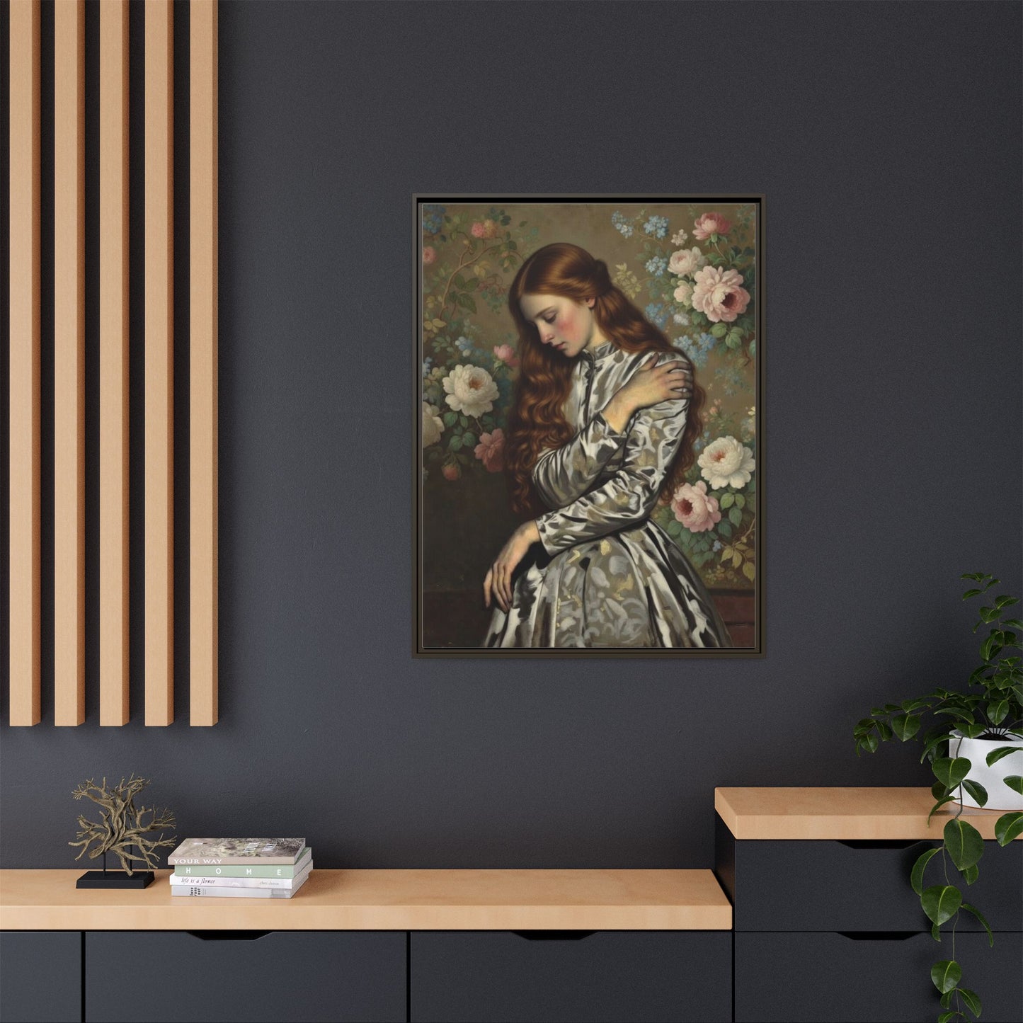 Framed Matte Canvas Art — Vintage Floral Portrait of a Young Woman