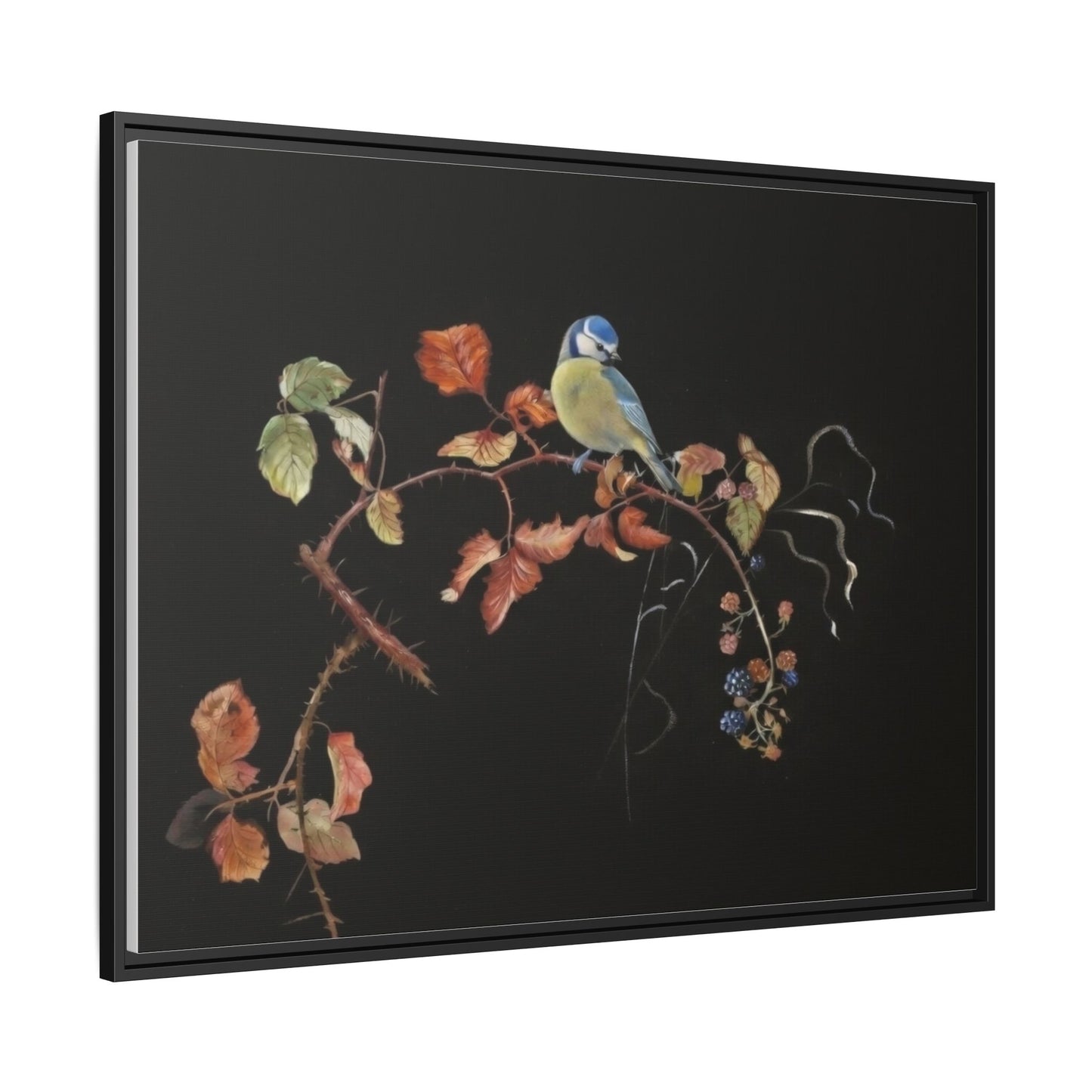 Framed Matte Canvas - Blue Tit on Autumn Branch Wall Art