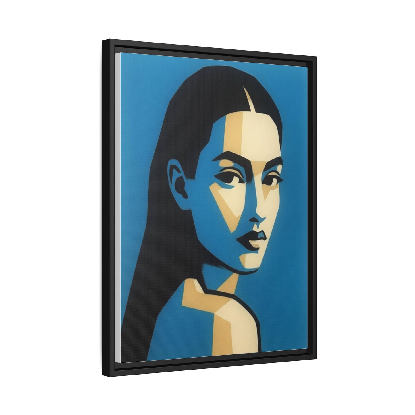Framed Pop Art Portrait Canvas — Blue Geometric Woman Print