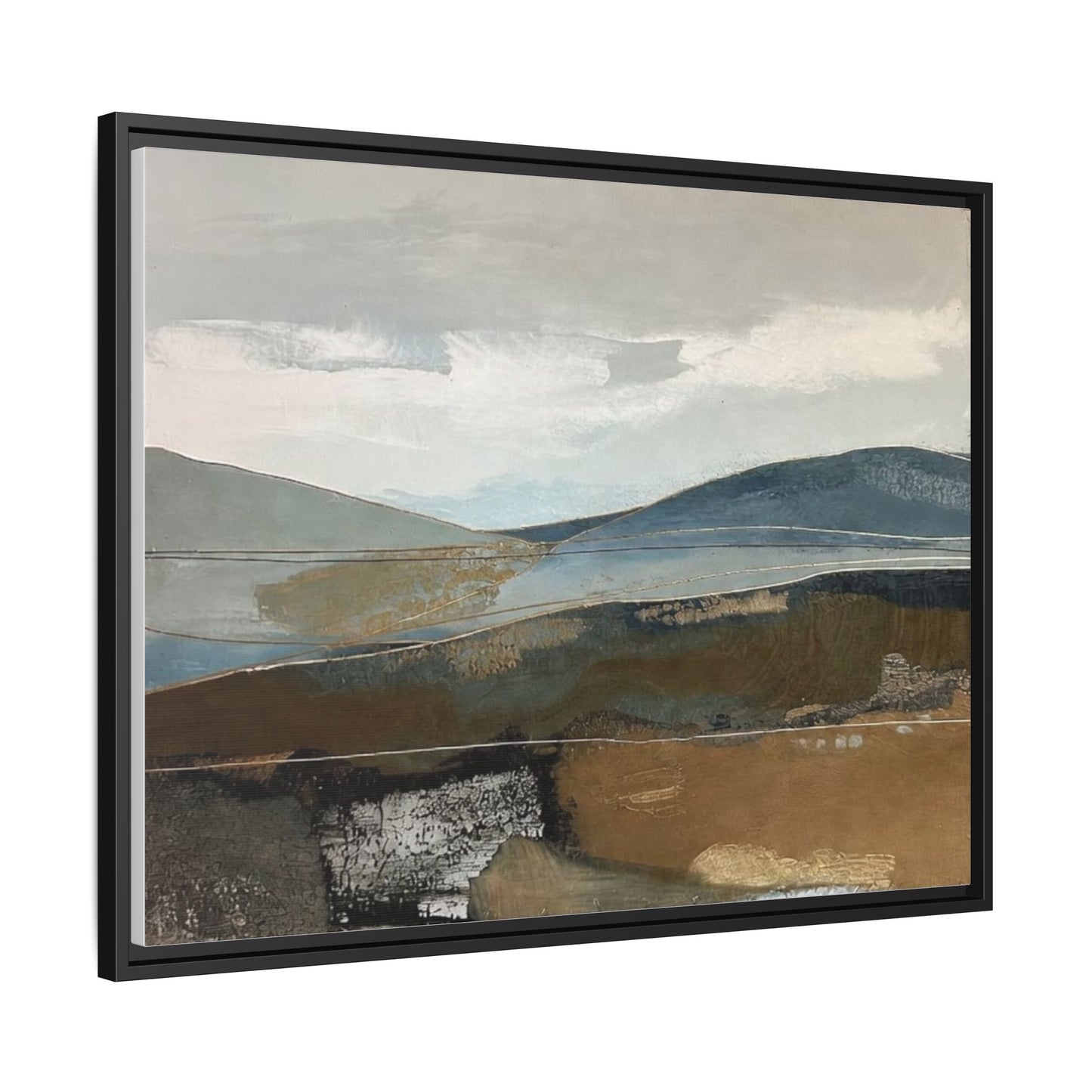 Framed Matte Canvas Landscape Art - Serene Abstract Hills in Blue & Earth Tones