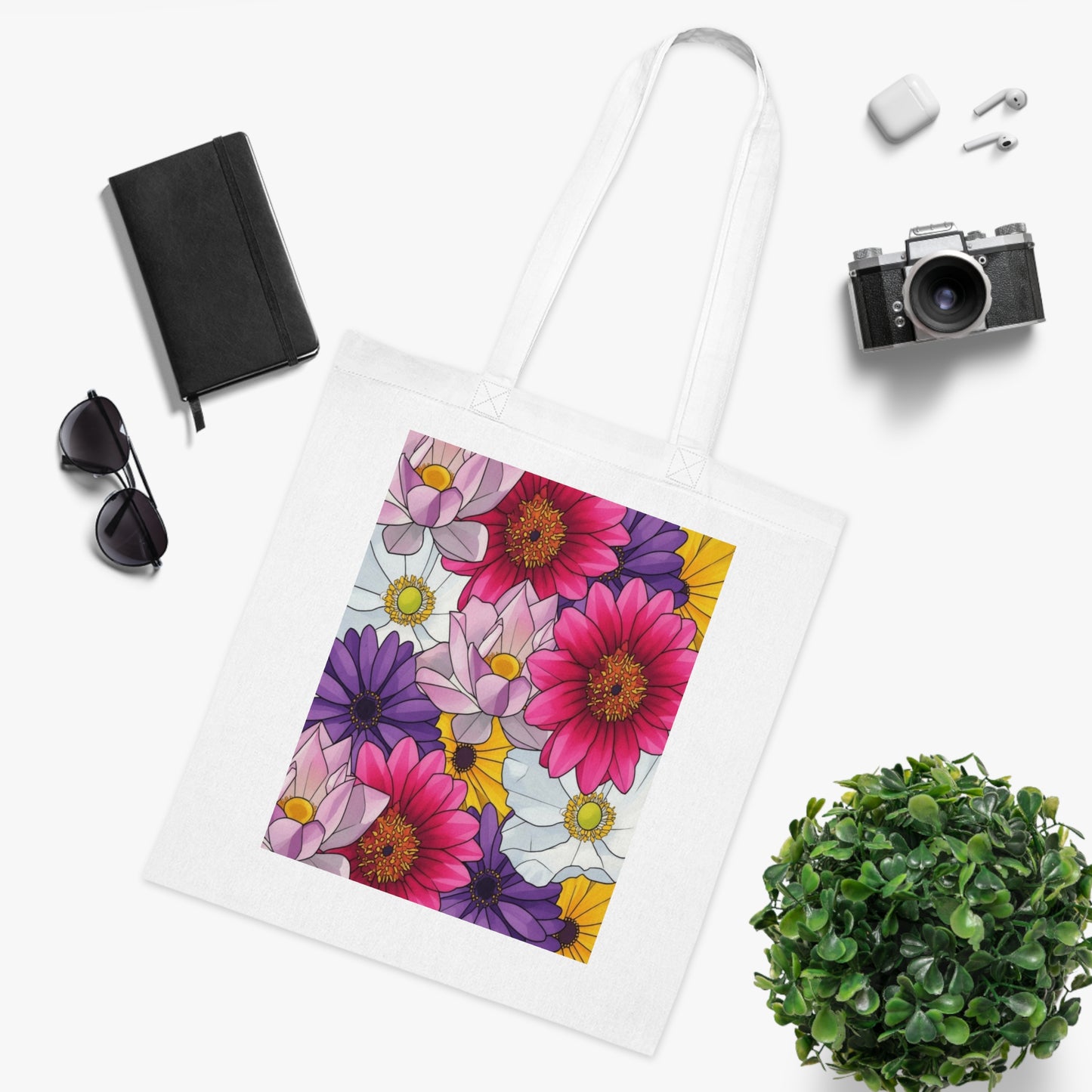 Floral Burst Cotton Tote Bag — Colorful Daisy & Gerbera Garden Print