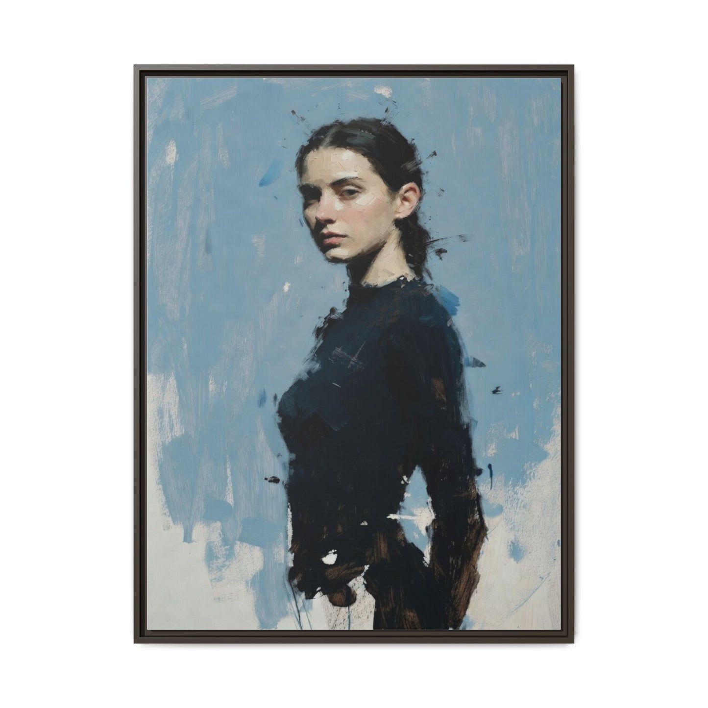 Framed Matte Canvas Portrait Print — Elegant Blue Woman Art