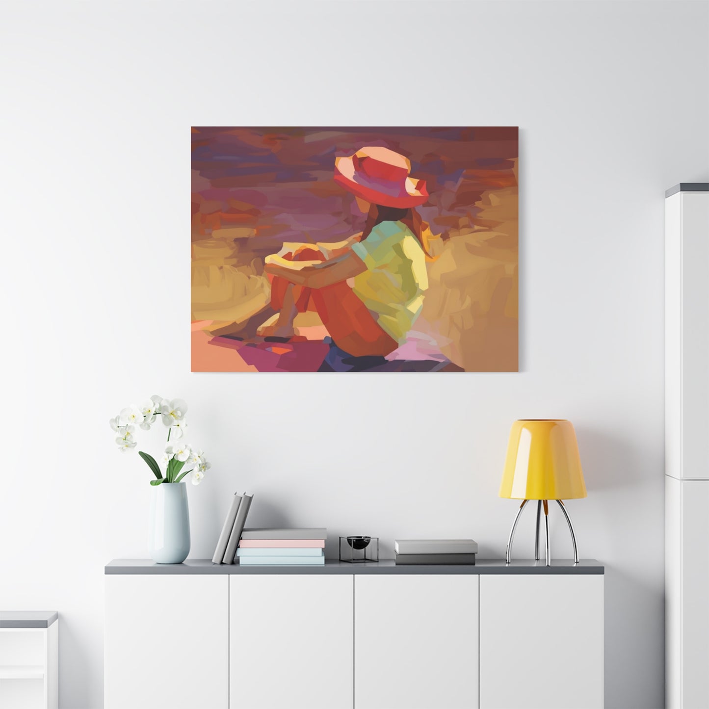 Sunset Daydream Canvas Art — Girl in Hat Matte Stretched Wall Art