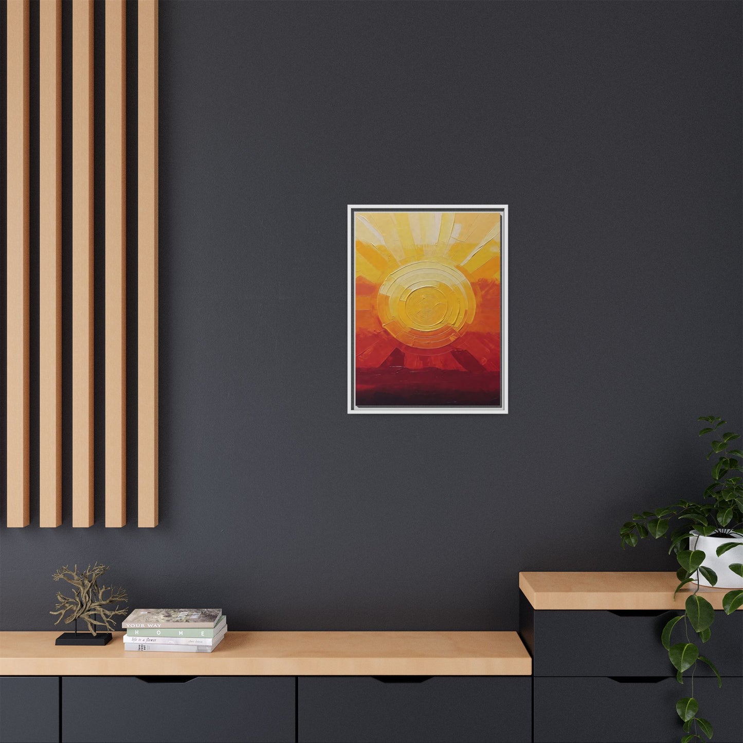 Sunburst Abstract Framed Canvas Art — Matte Multi‑Color Wall Print