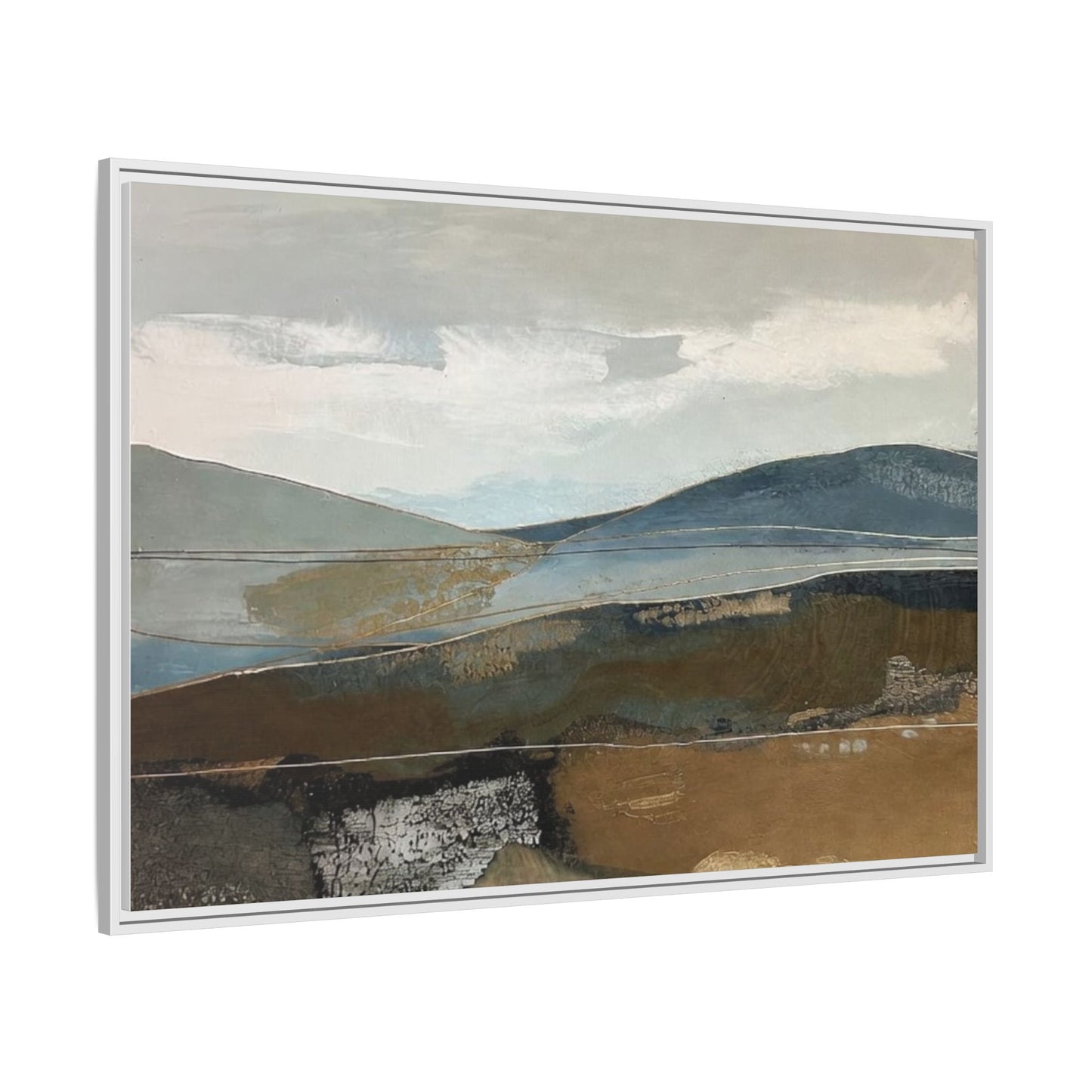 Framed Matte Canvas Landscape Art - Serene Abstract Hills in Blue & Earth Tones