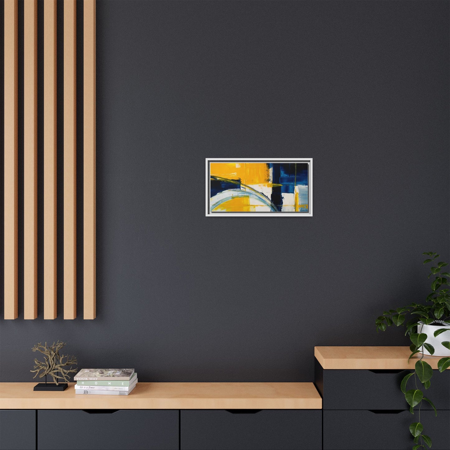 Abstract Yellow & Blue Framed Canvas Wall Art — Modern Matte Canvas Print