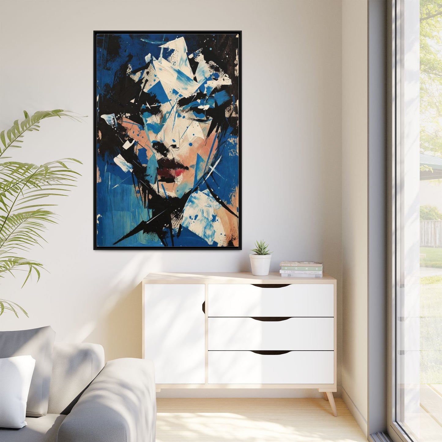 Abstract Portrait Matte Canvas Framed Wall Art — Blue Mixed-Media Face Print