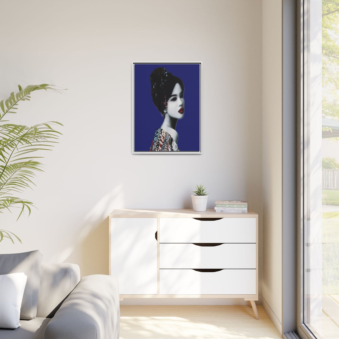 Framed Matte Canvas Art — Elegant Geisha Portrait on Deep Blue