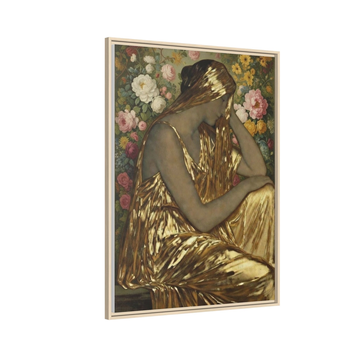 Framed Canvas Art Print — Golden Muse Woman with Floral Background