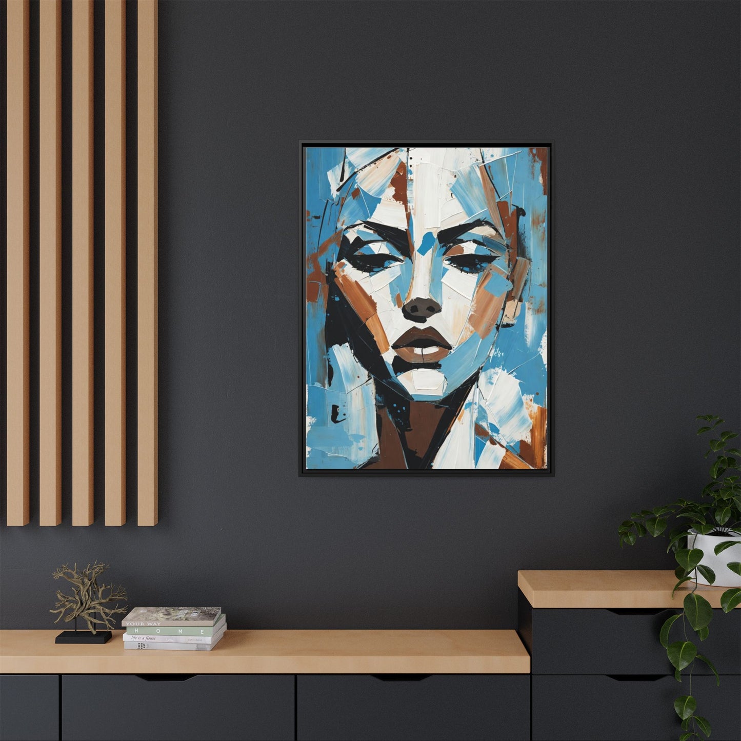 Abstract Blue Face Matte Canvas Wall Art — Framed Modern Portrait Print