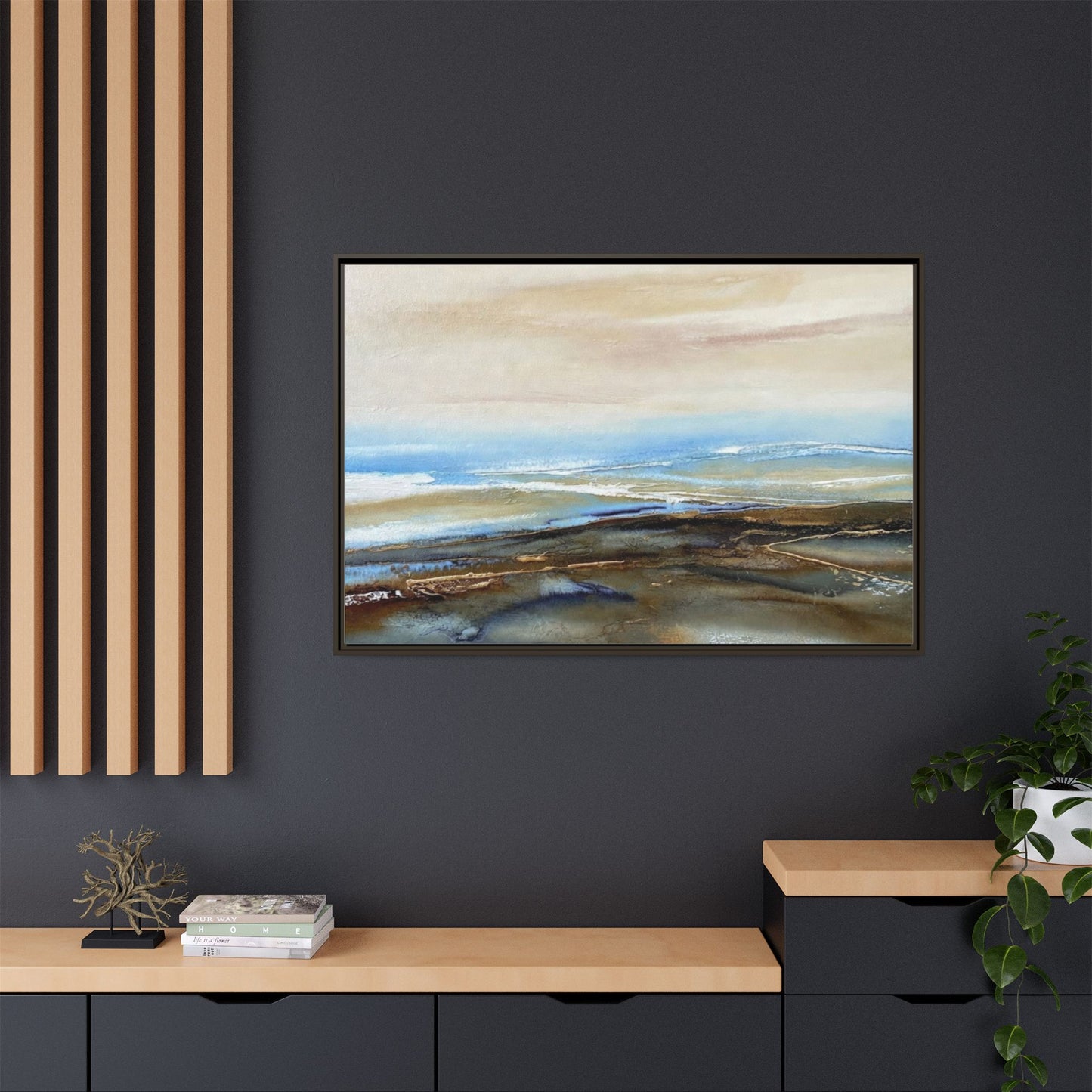 Framed Abstract Seascape Matte Canvas — Coastal Blue & Earth Tone Wall Art