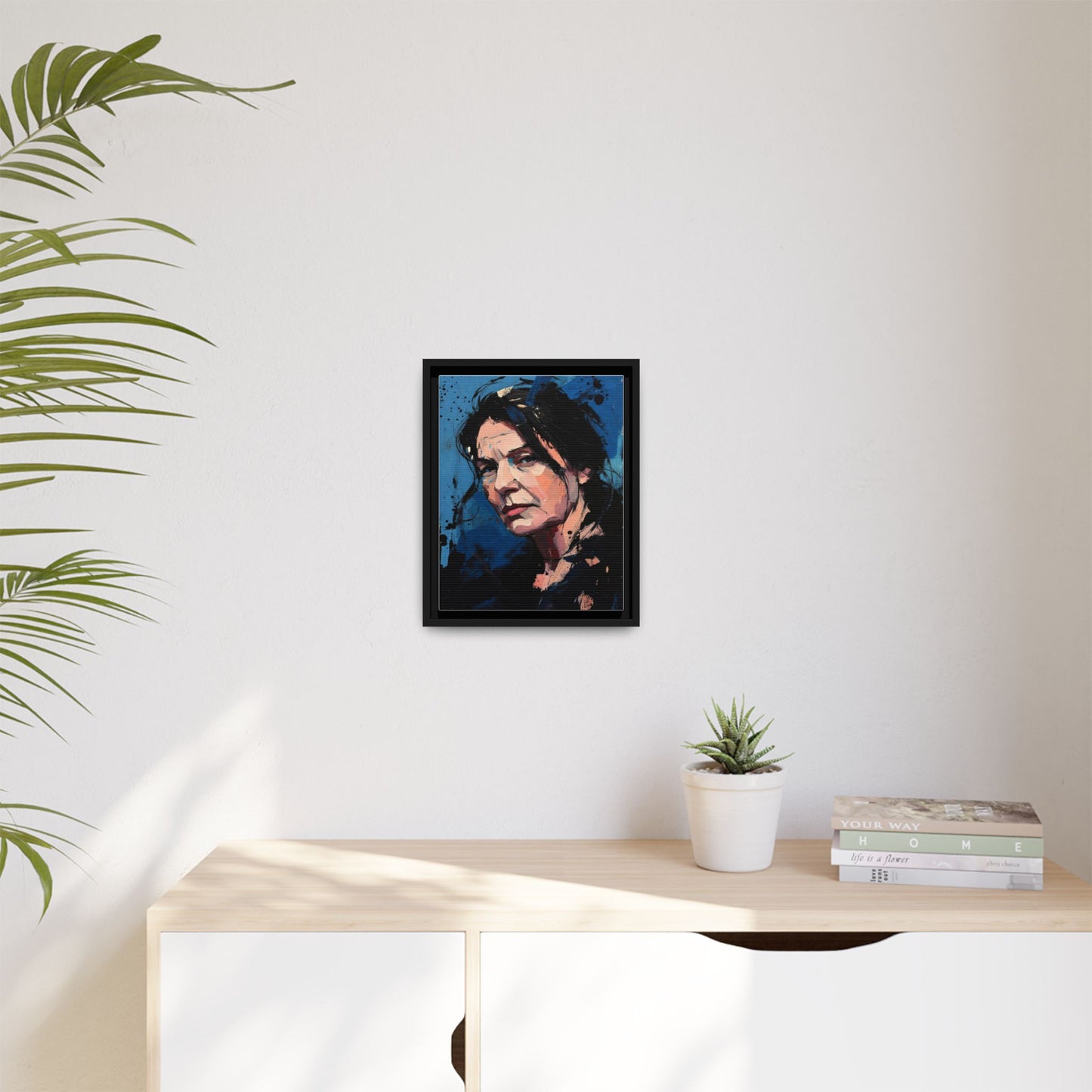Framed Matte Canvas Portrait — Expressive Blue Painterly Woman Art