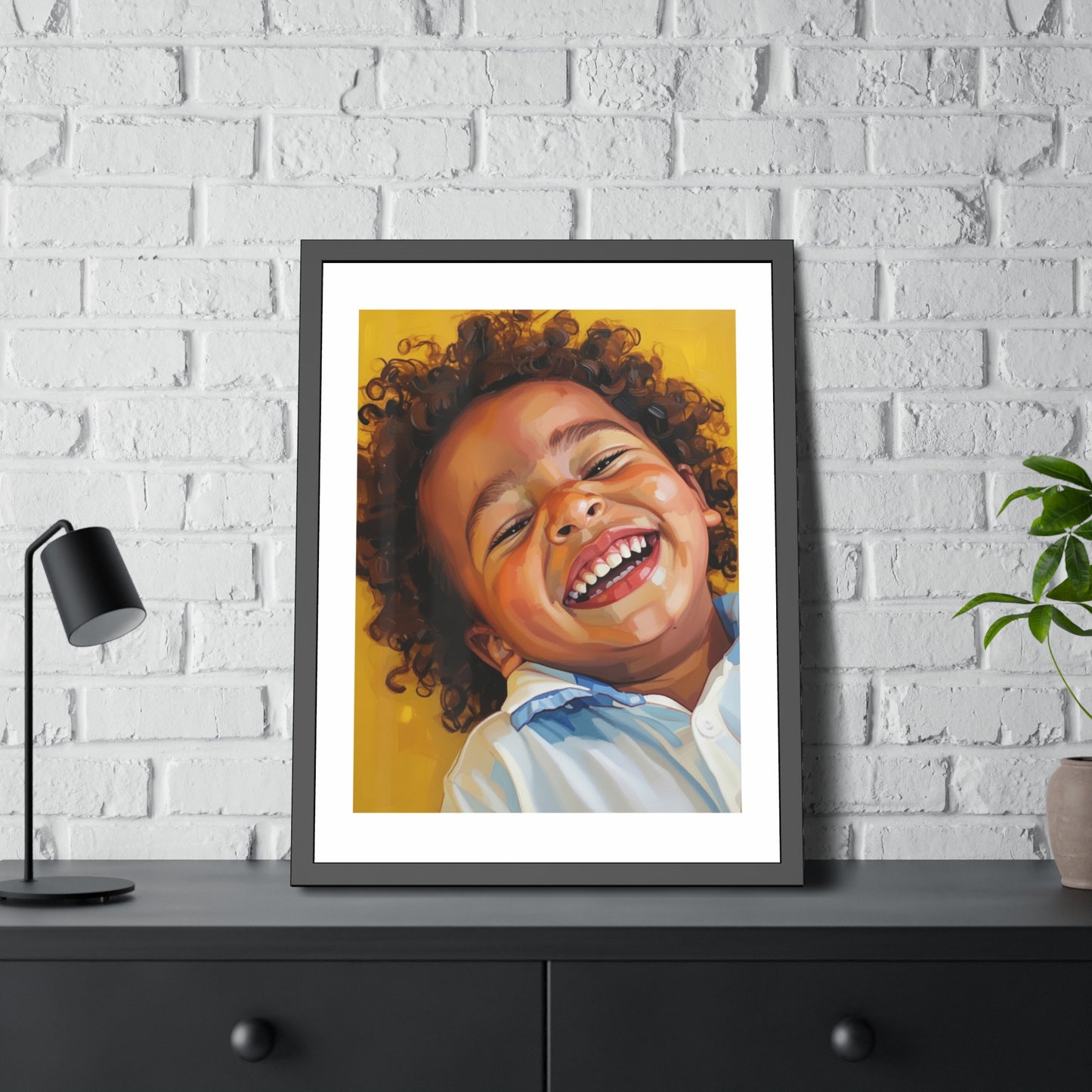 Framed Poster — Joyful Laughing Child Portrait, Colorful Nursery Wall Art