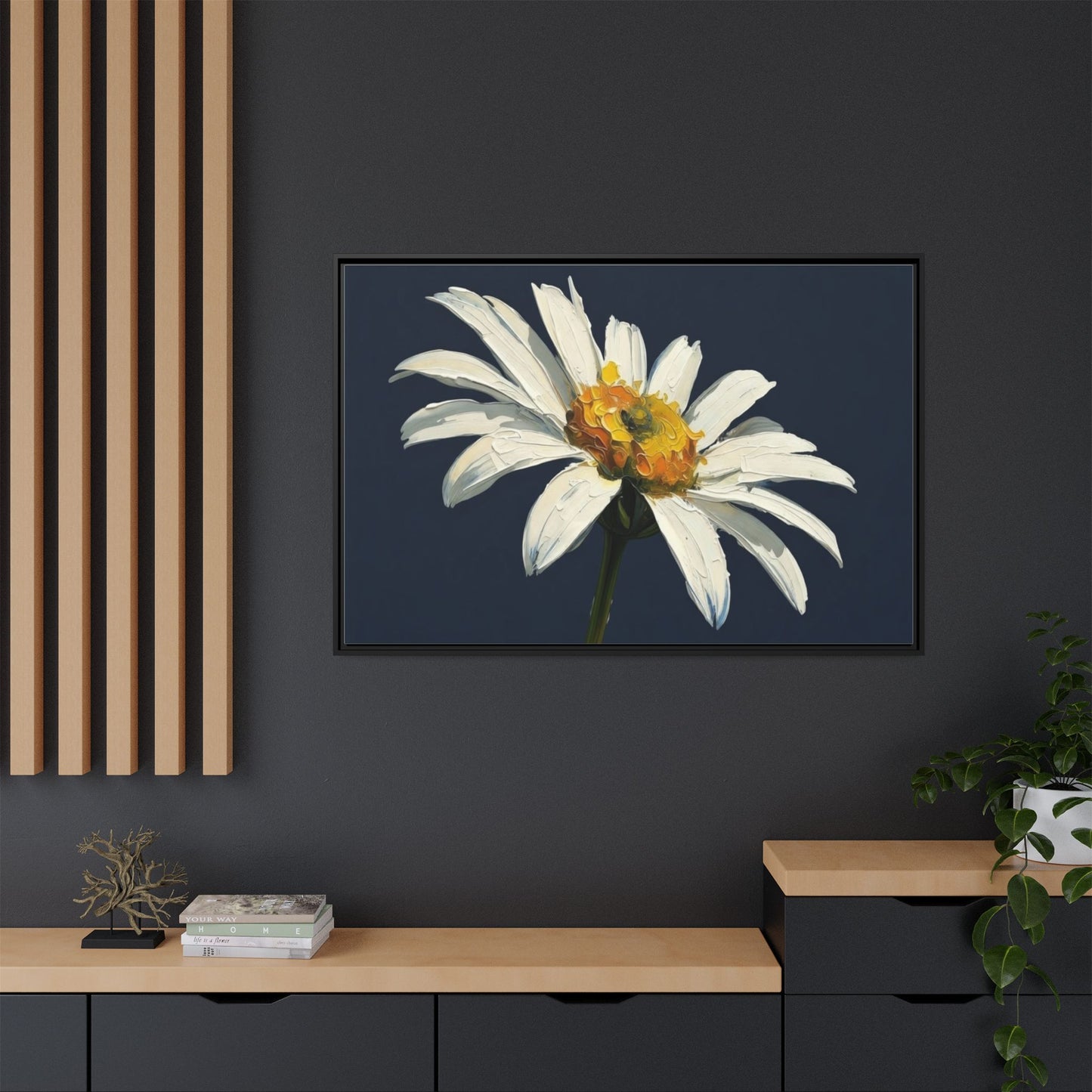 Framed Matte Canvas Daisy Wall Art — White Floral Painting on Navy