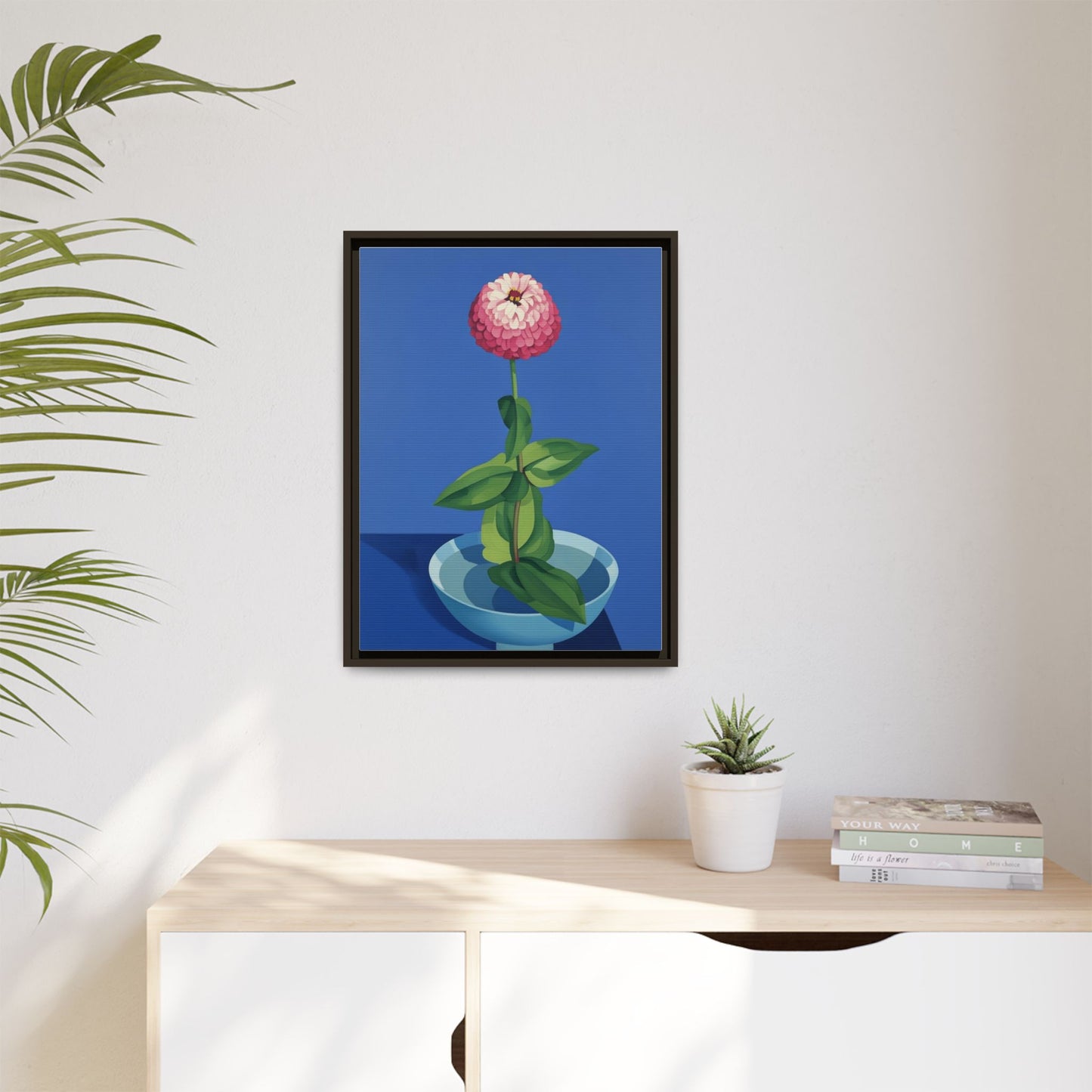 Framed Matte Canvas Art — Pink Zinnia in Blue Bowl (Botanical Still Life)