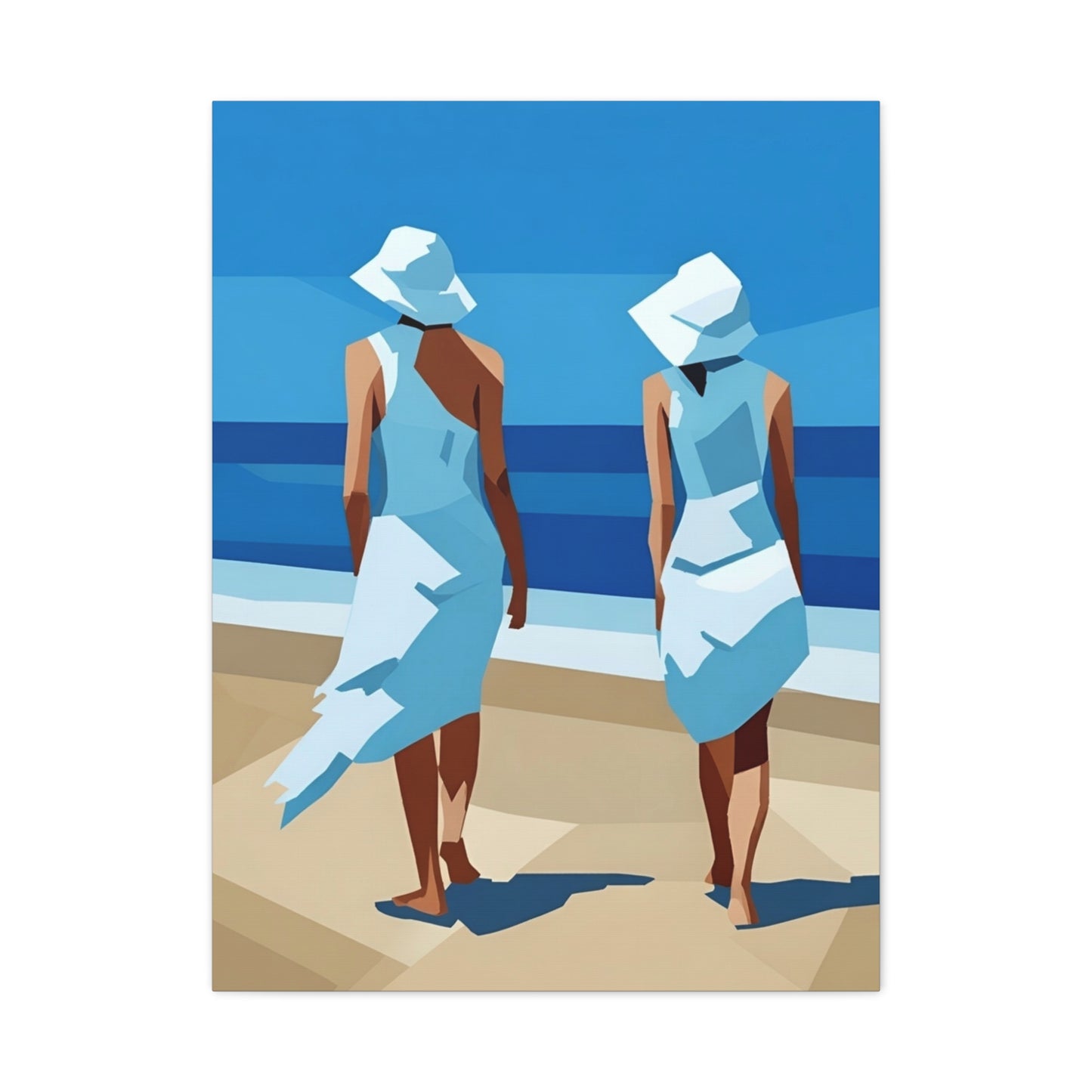 Beach Stroll Canvas Print — Two Women in Blue Sun Hats Matte Stretched