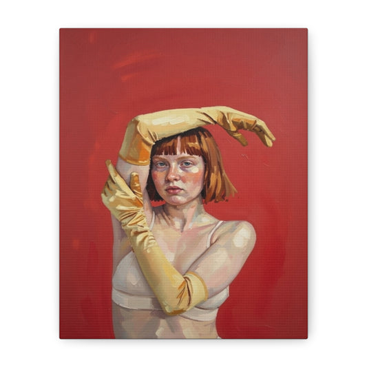 Figurative Portrait Canvas — Woman with Yellow Gloves on Red Background