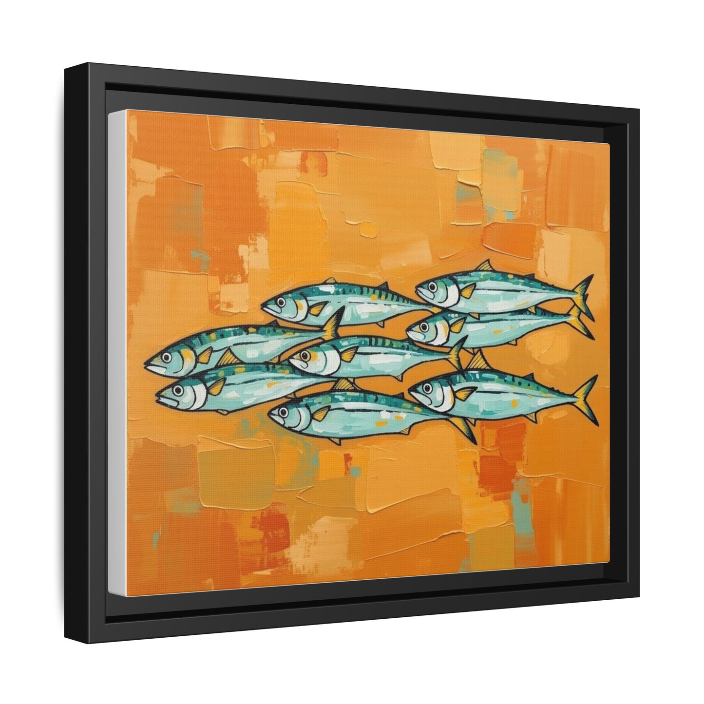 Framed Matte Canvas Print — School of Blue Fish on Orange Abstract Background