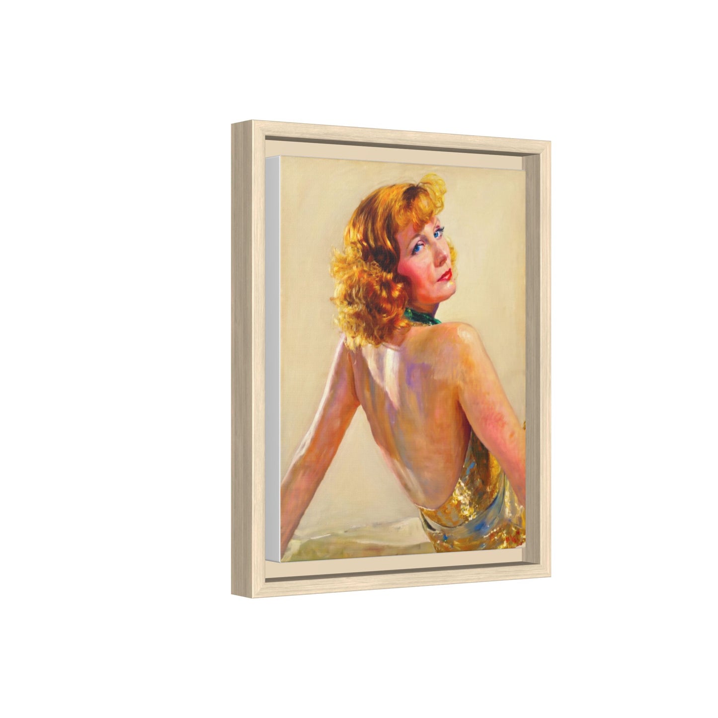 Framed Matte Canvas Print — Vintage Portrait of Redhead Greta Garbo in Gold Dress