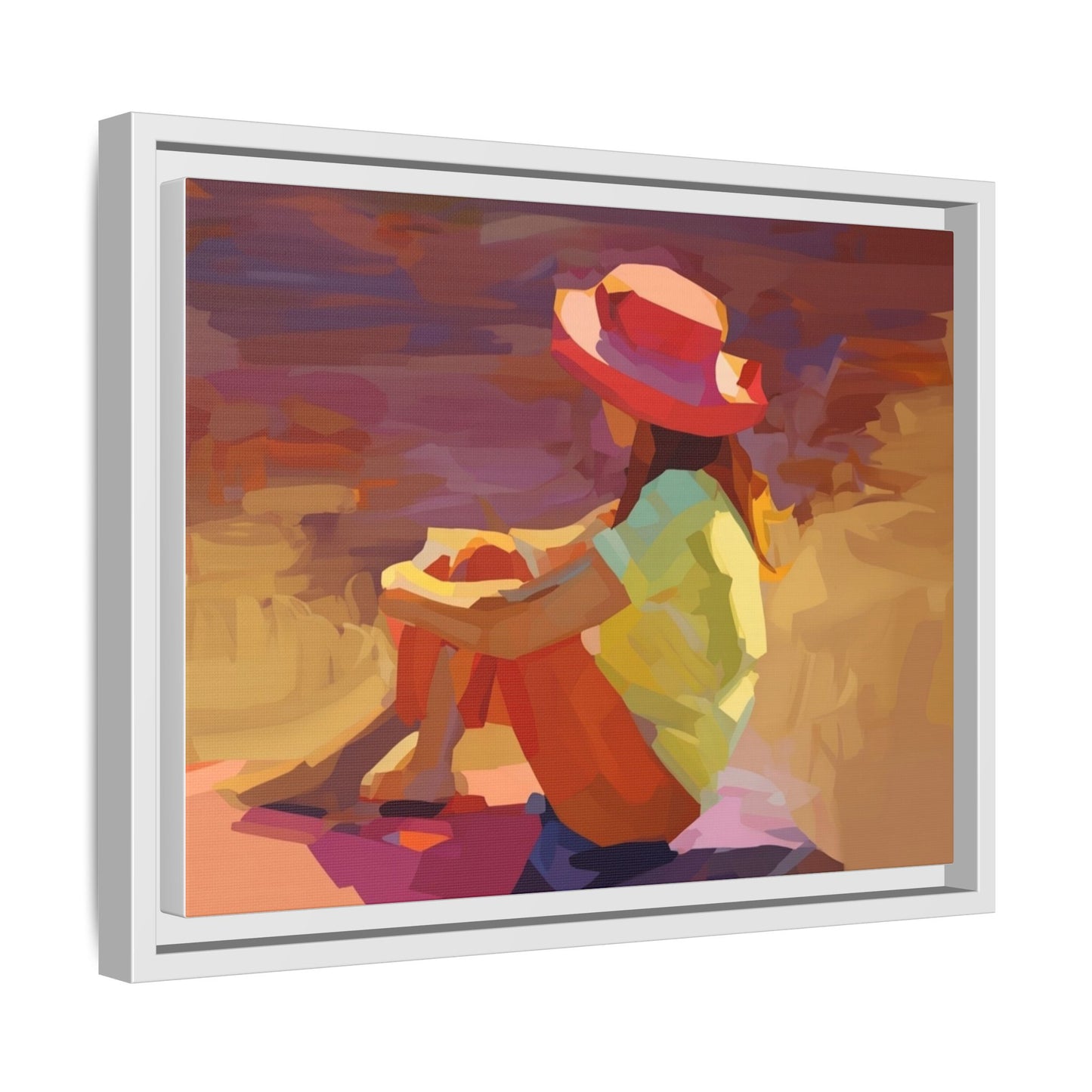 Framed Matte Canvas — Colorful Seated Girl Beach Art