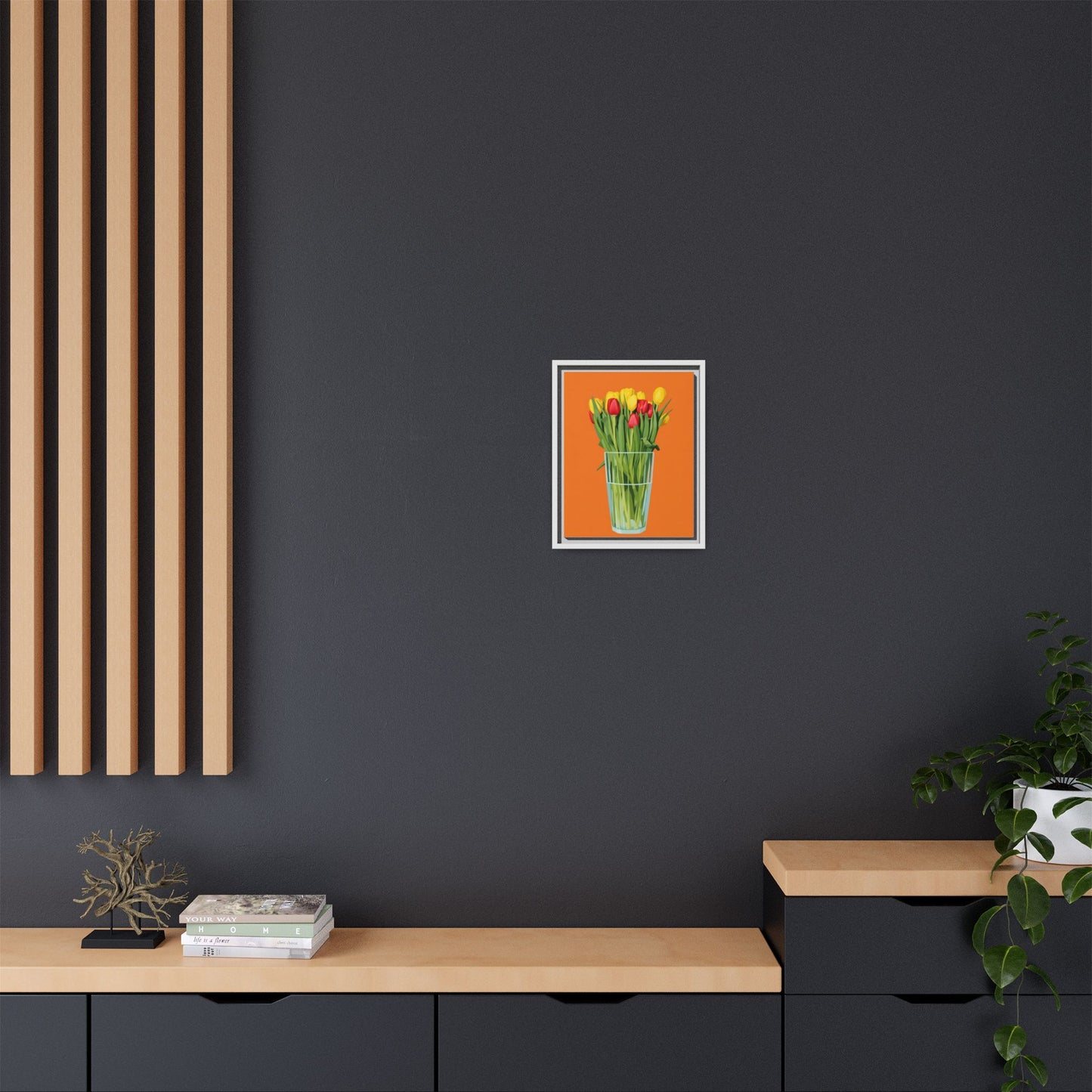 Framed Tulip Canvas Print — Colorful Tulips in Glass Vase
