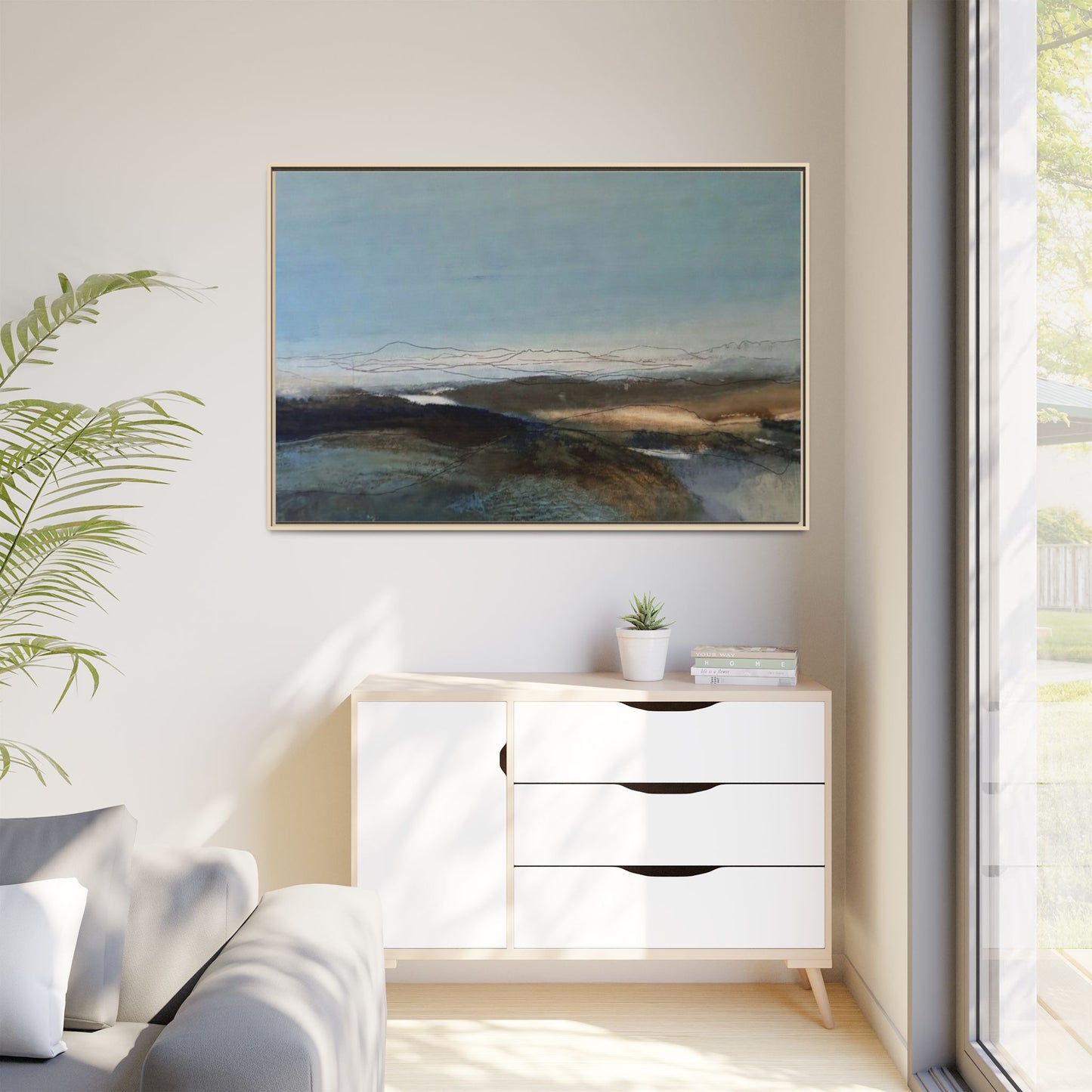 Framed Matte Canvas Wall Art — Serene Abstract Blue Landscape