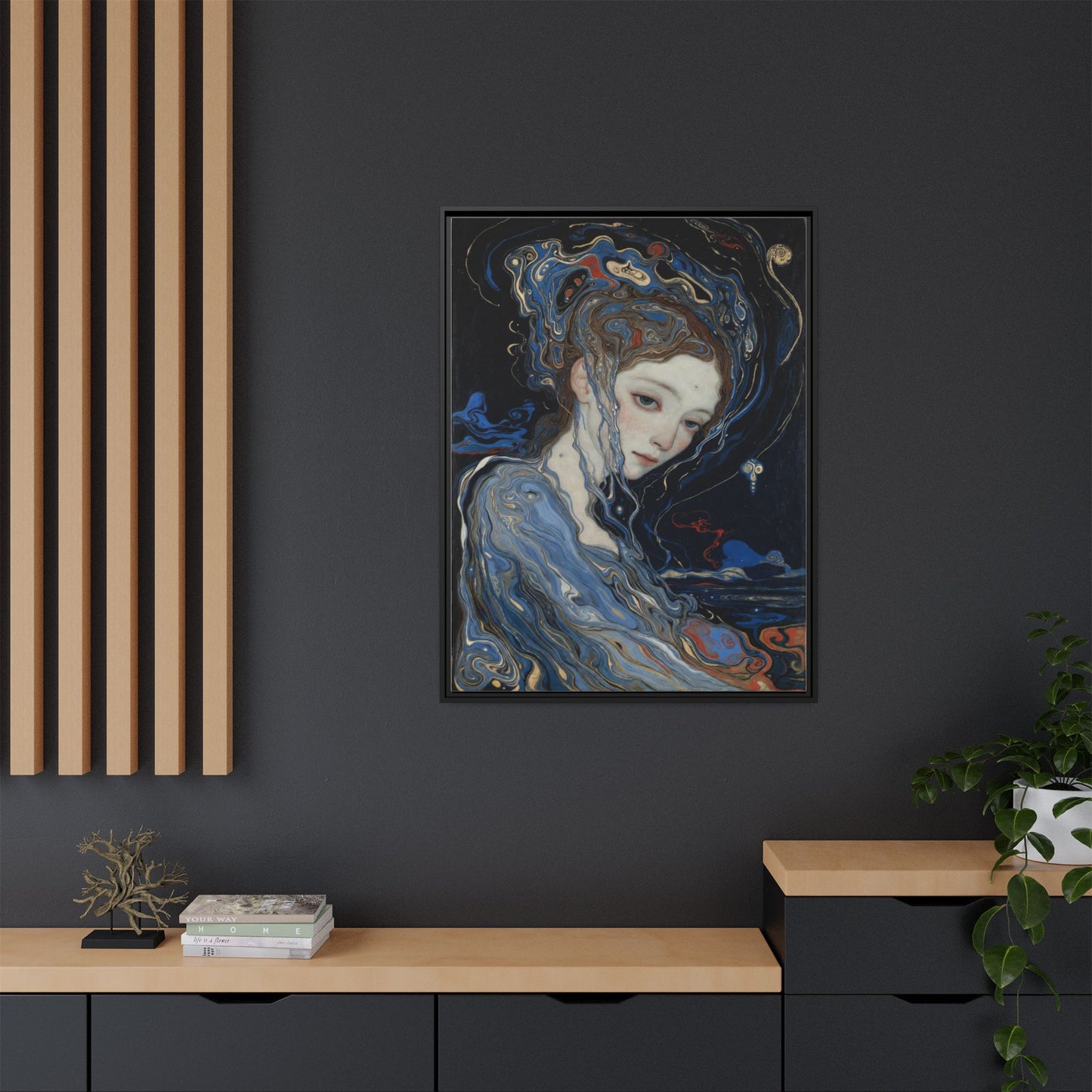 Framed Matte Canvas Art Print — Surreal Blue Maiden Portrait