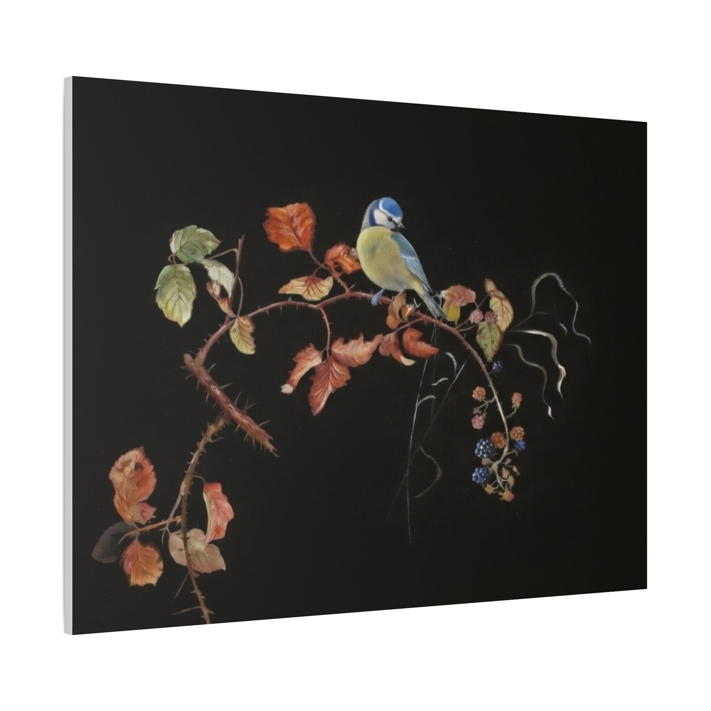 Canvas Wall Art - Blue Tit on Autumn Branch, Stretched Matte Canvas