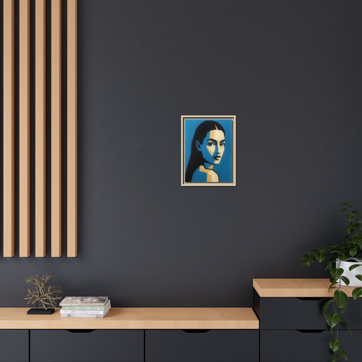 Framed Pop Art Portrait Canvas — Blue Geometric Woman Print