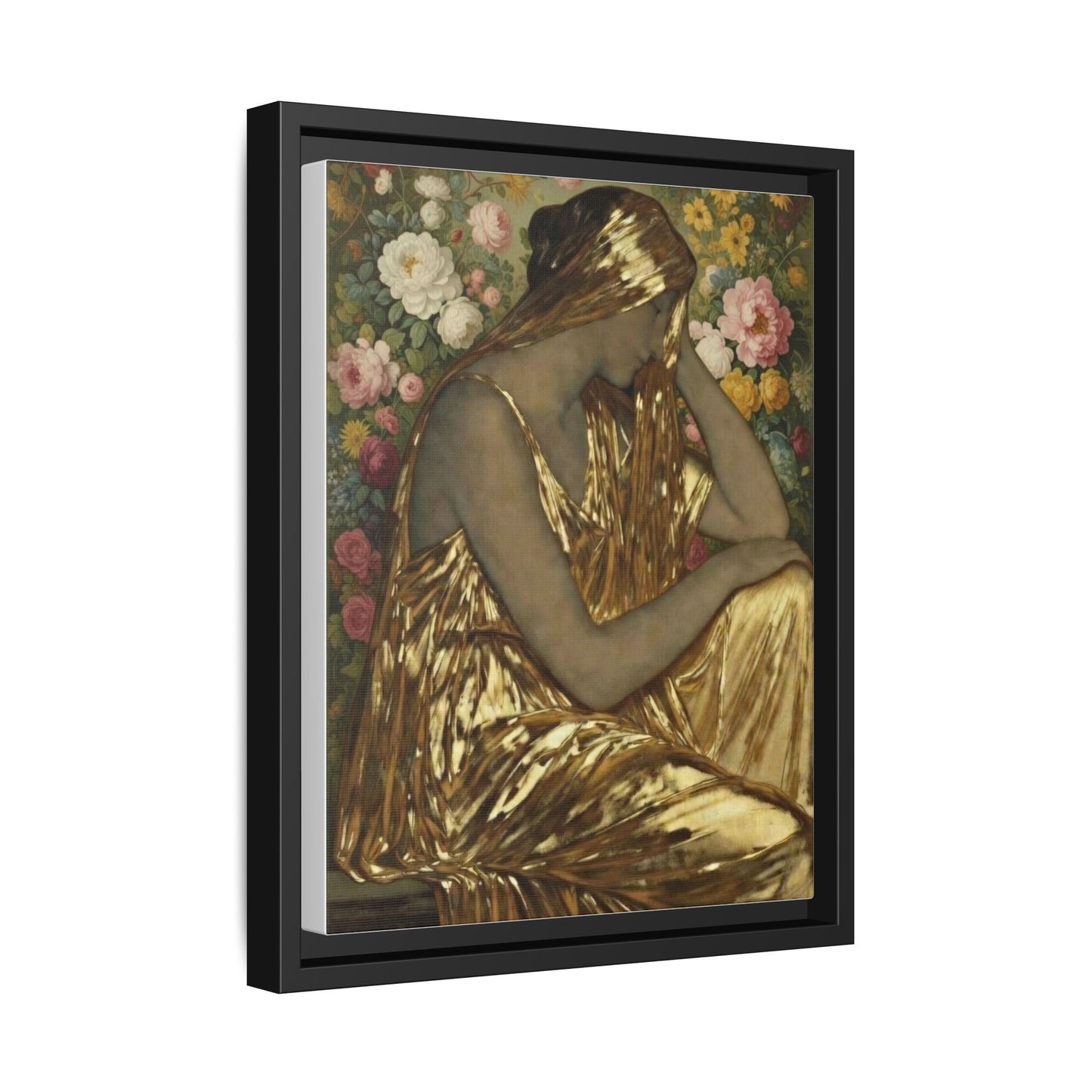 Framed Canvas Art Print — Golden Muse Woman with Floral Background