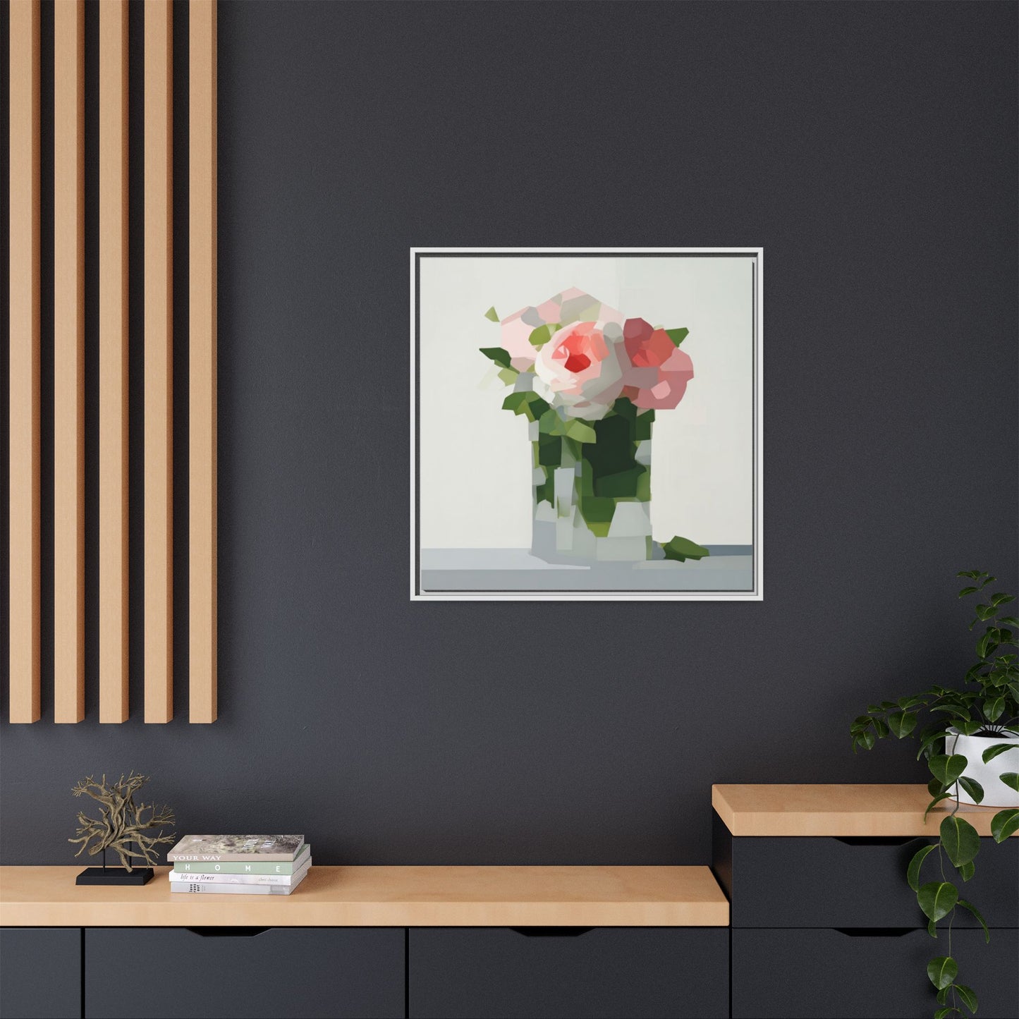 Framed Floral Canvas Print — Modern Pink Roses Still Life