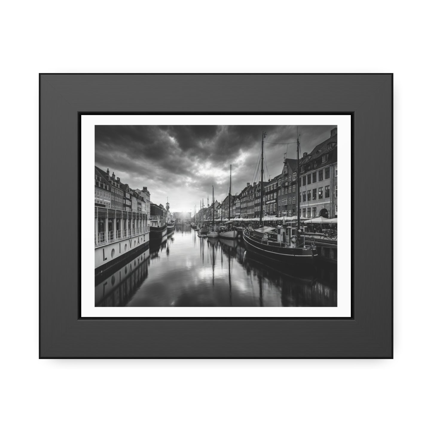 Black & White Dutch Canal Framed Photo Print — Nautical Cityscape Wall Art
