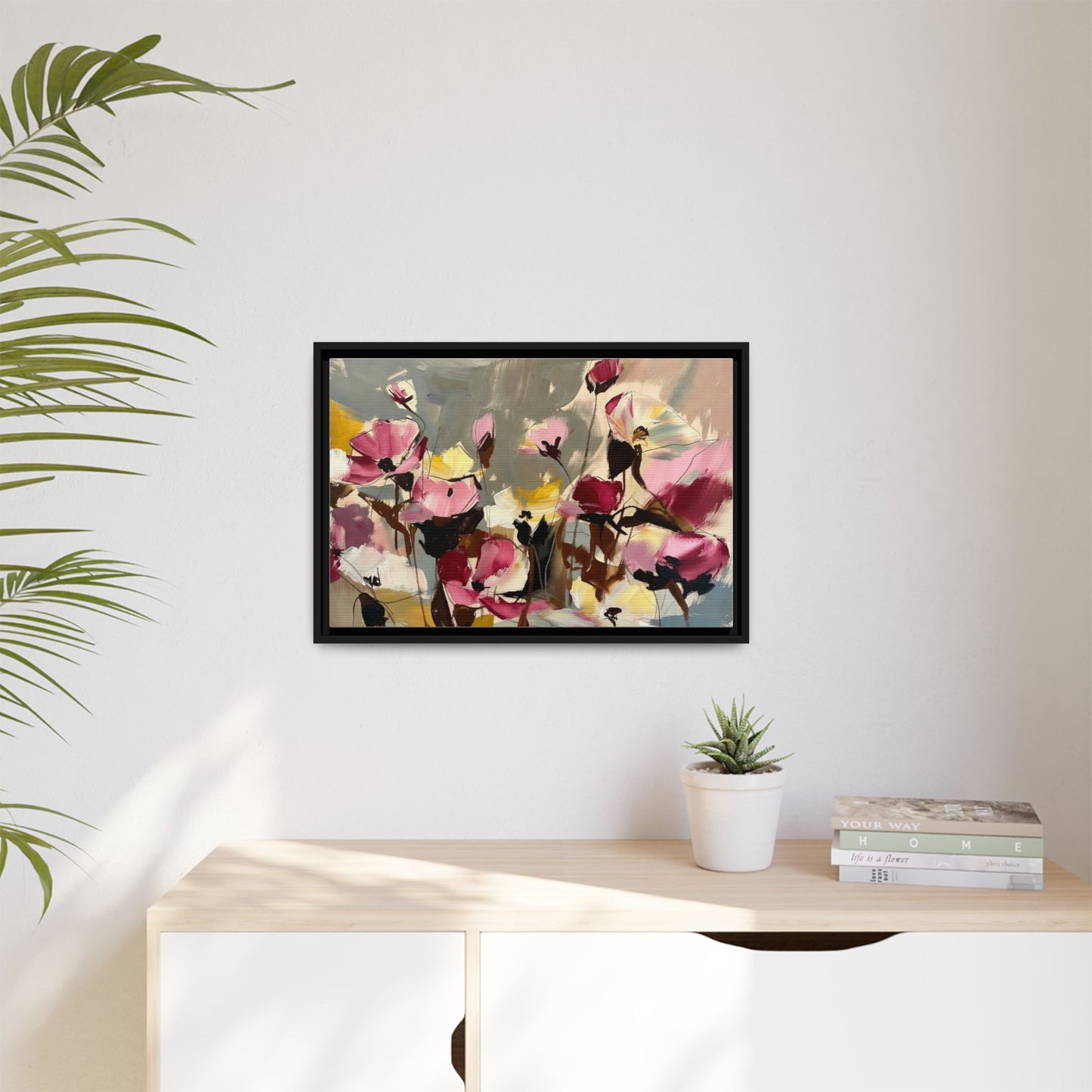 Framed Floral Canvas Wall Art — Abstract Pink & Yellow Flowers