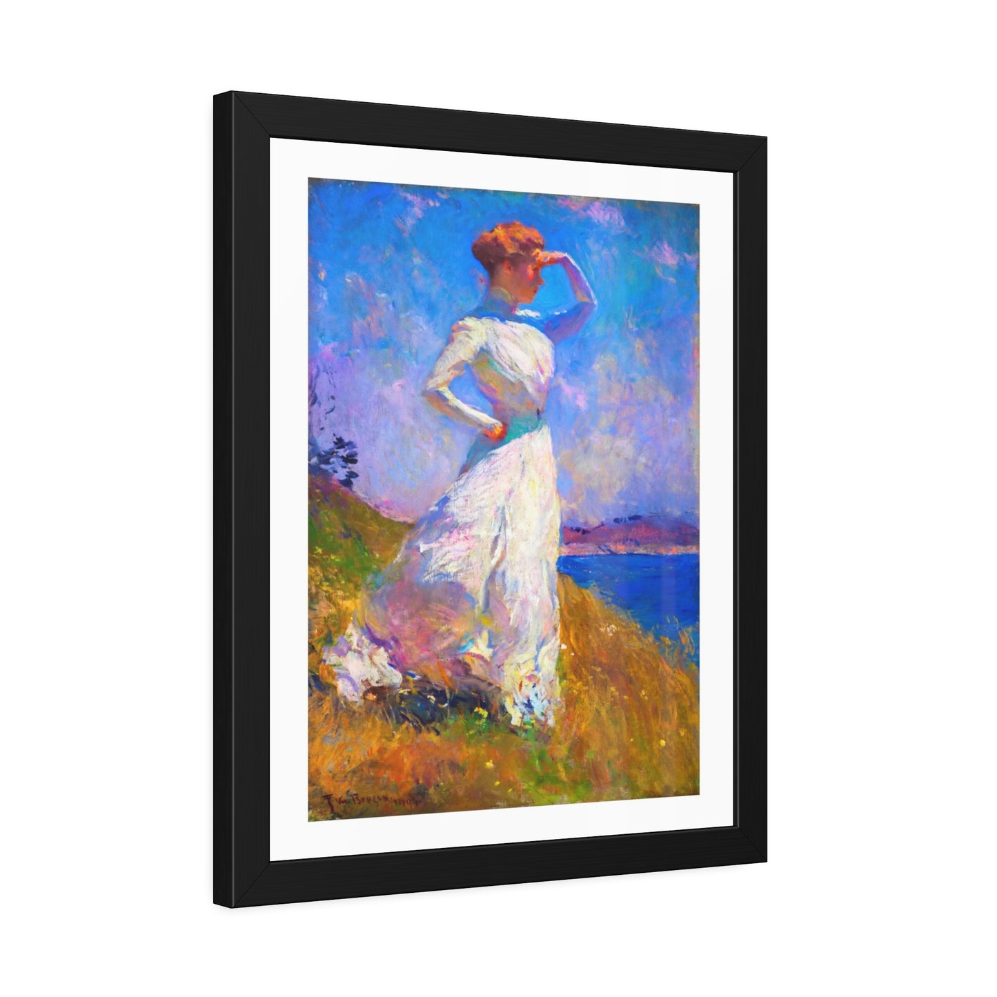 Coastal Impressionist Framed Poster — Woman in White Seaside Art Print