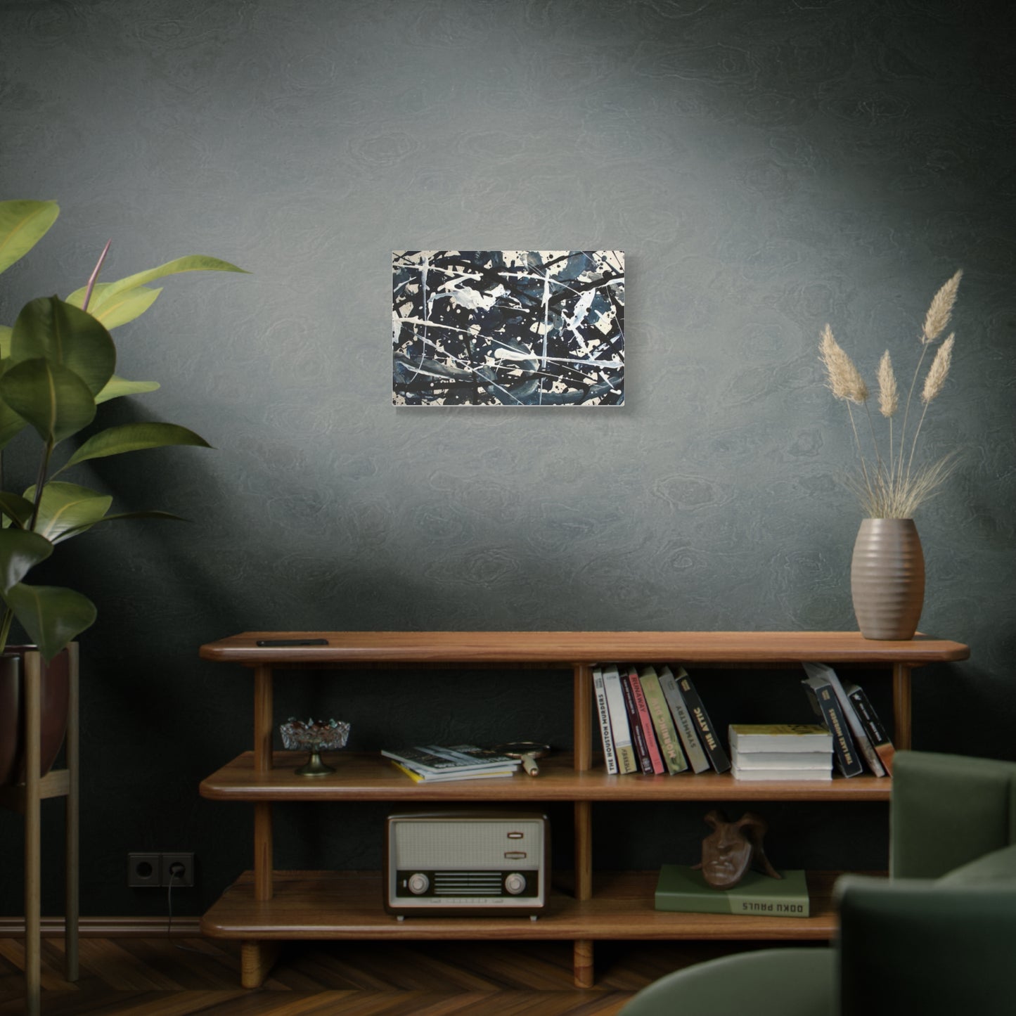 Abstract Drip Painting Canvas Print — Blue & Black Modern Wall Art (Matte Stretched)
