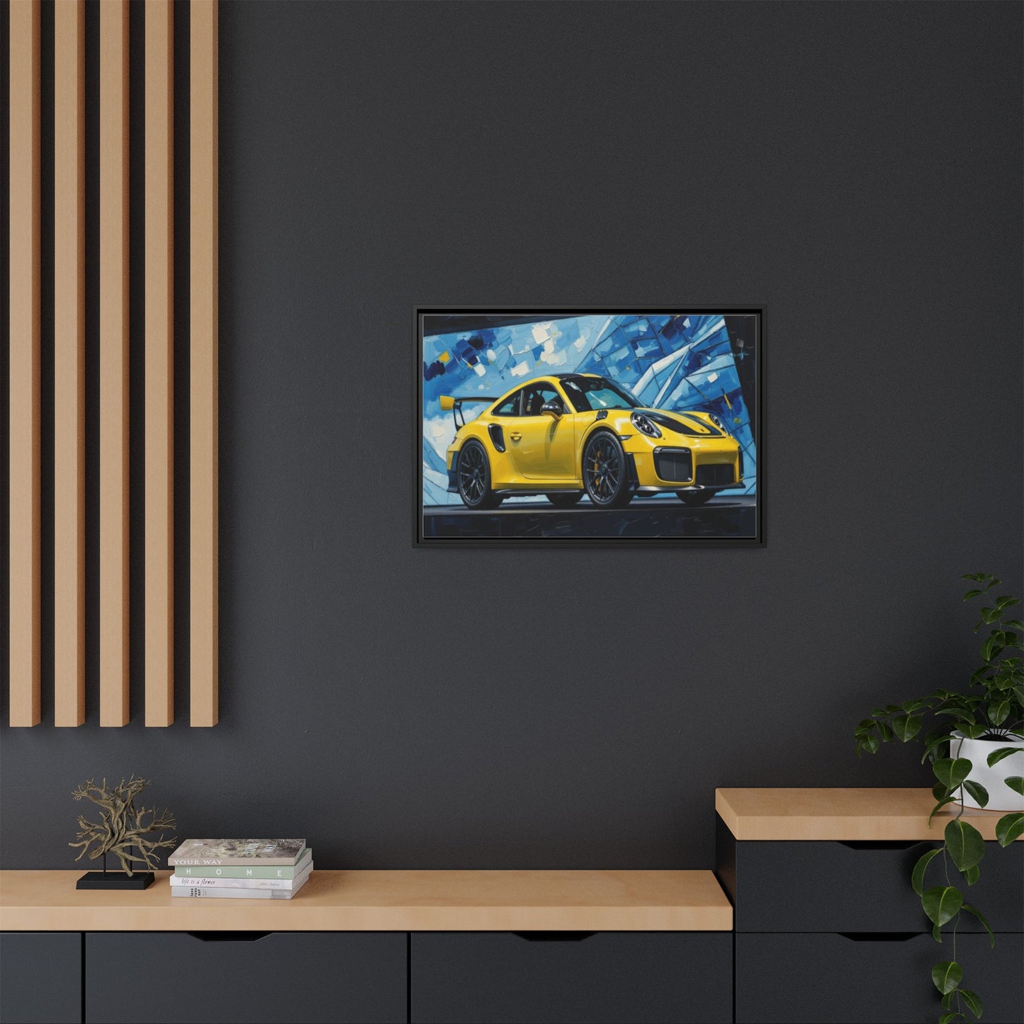 Yellow Porsche Sports Car Matte Framed Canvas – Modern Automotive Wall Art