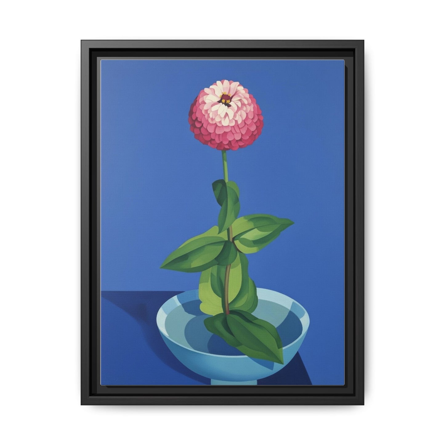 Framed Matte Canvas Art — Pink Zinnia in Blue Bowl (Botanical Still Life)