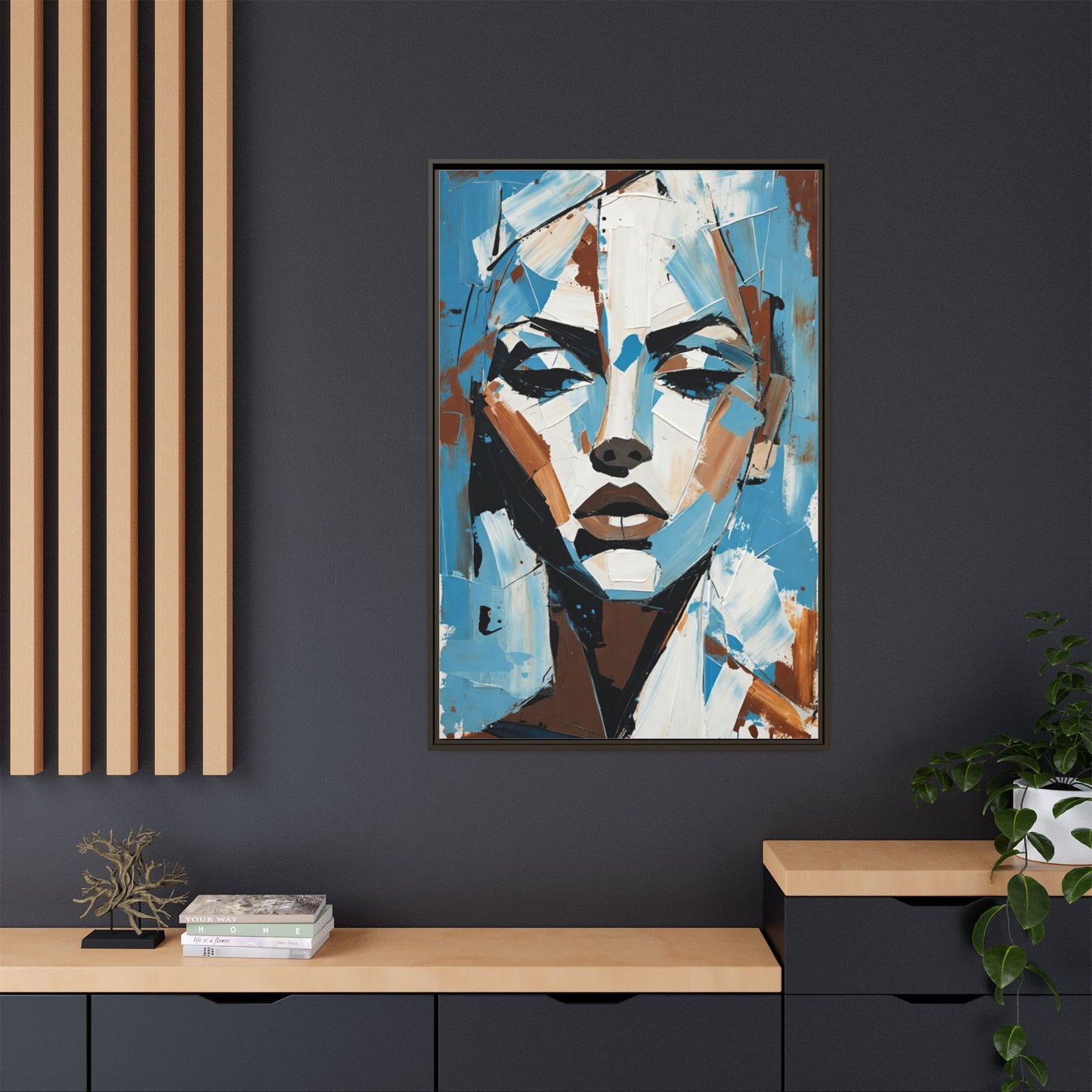 Abstract Blue Face Matte Canvas Wall Art — Framed Modern Portrait Print