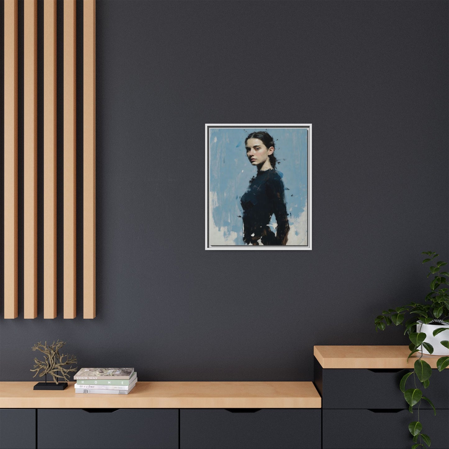 Framed Matte Canvas Portrait Print — Elegant Blue Woman Art