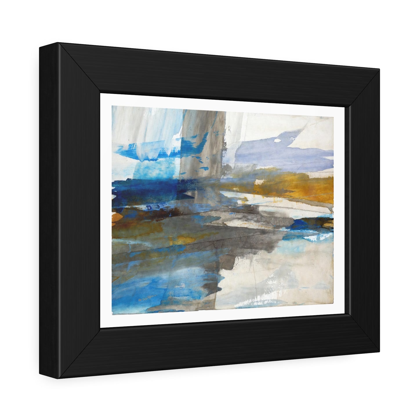Abstract Coastal Waterscape Framed Poster — Blue & Gold Modern Wall Art