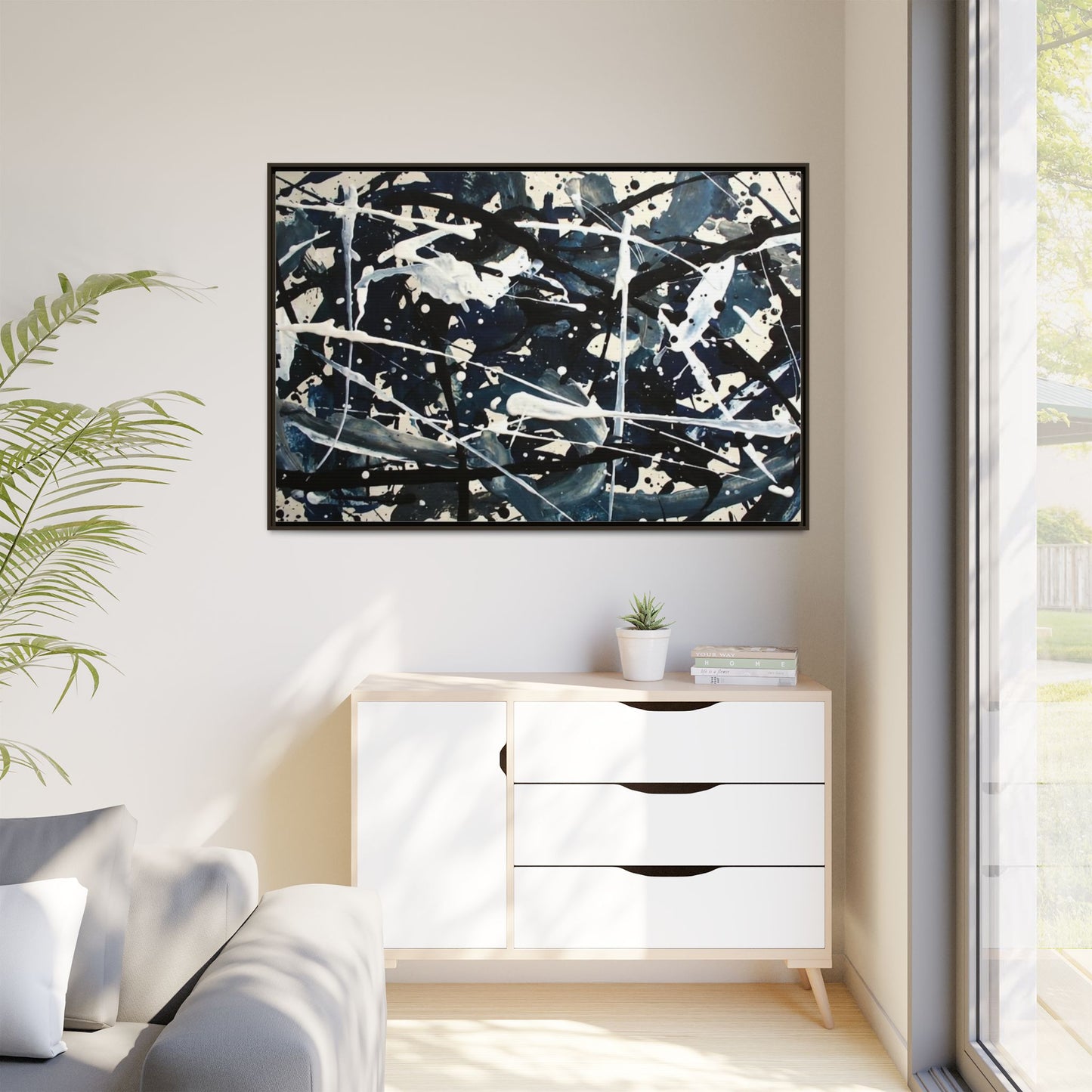 Abstract Splatter Matte Canvas Framed Wall Art — Black & Blue Modern Art Print