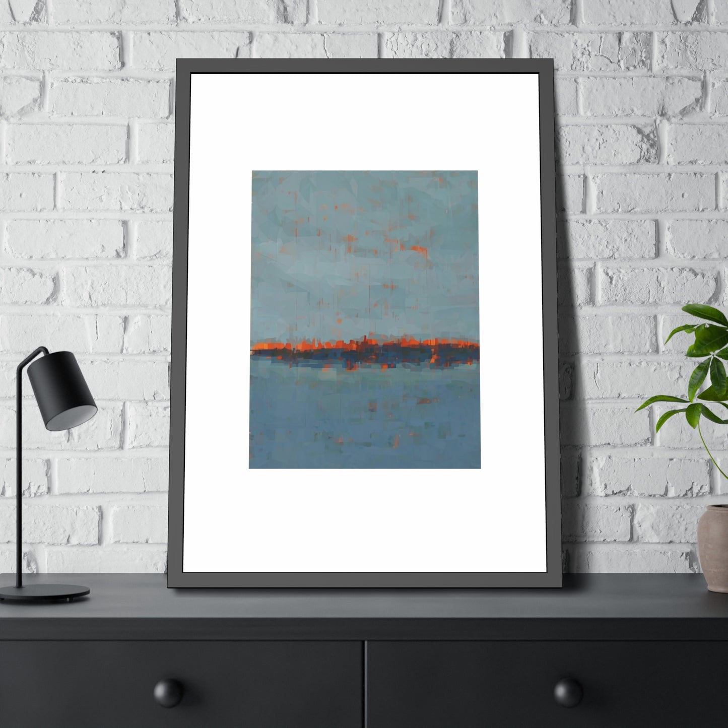 Abstract Seaside Framed Poster — Blue & Copper Minimalist Wall Art