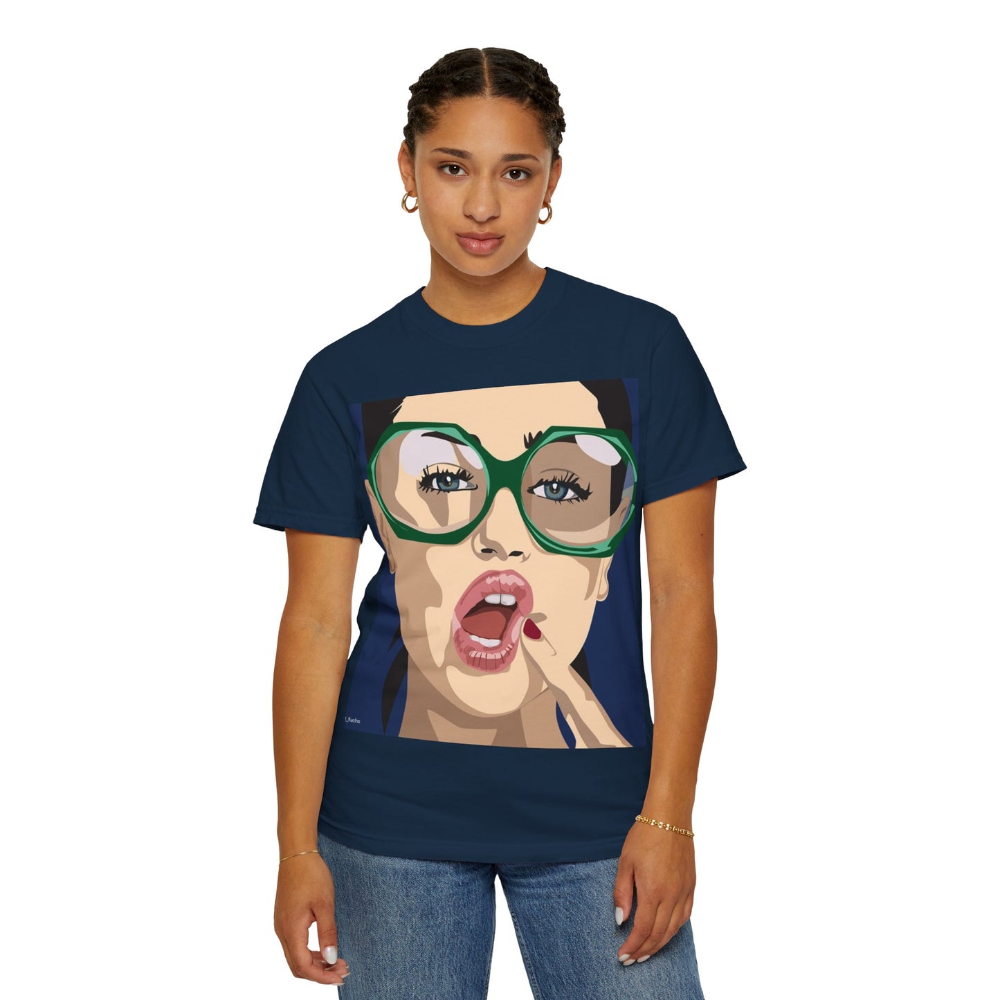 Pop Art Woman Graphic T‑Shirt — Retro Chic Green Glasses Design