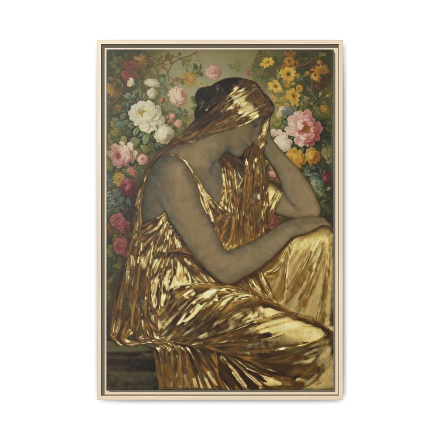 Framed Canvas Art Print — Golden Muse Woman with Floral Background