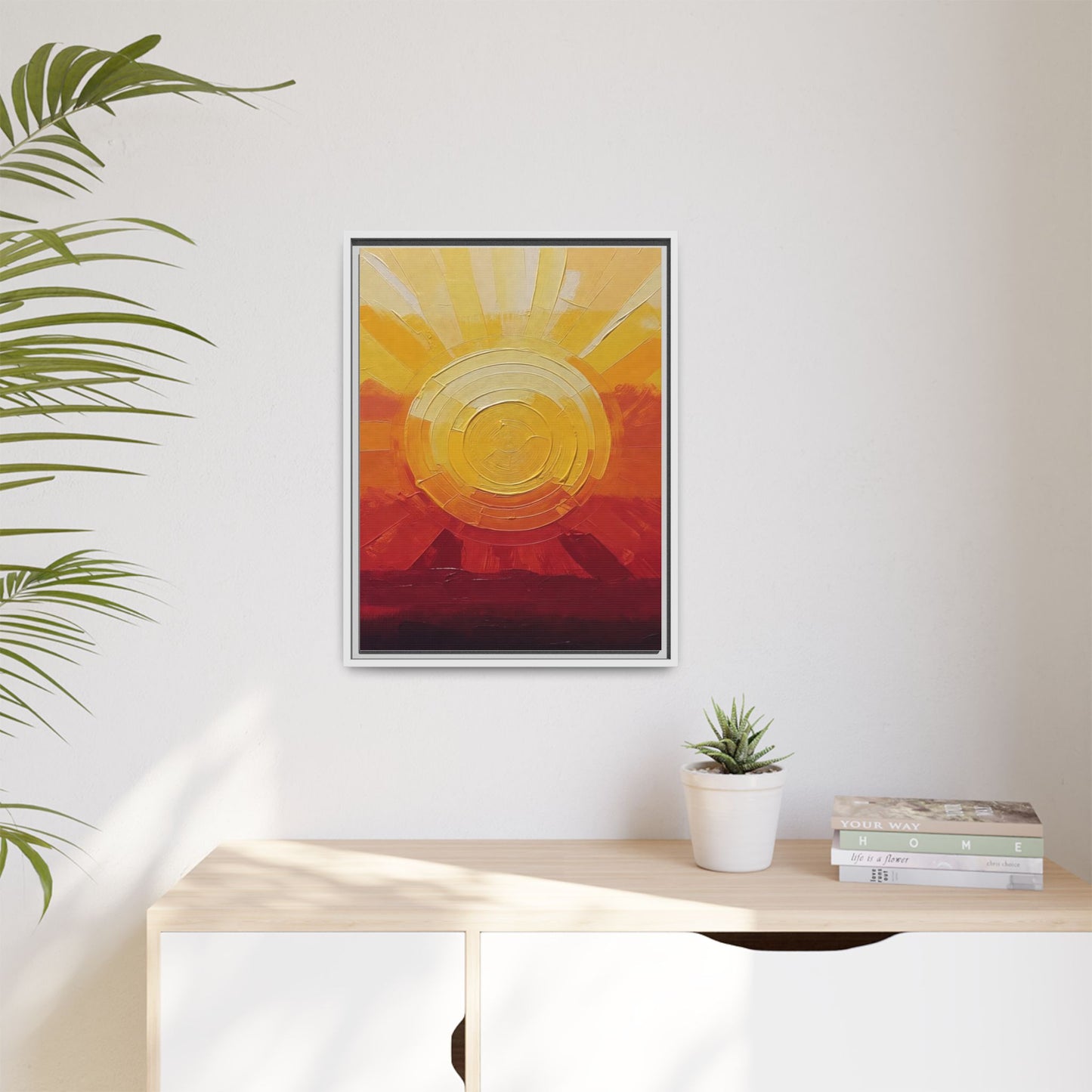 Sunburst Abstract Framed Canvas Art — Matte Multi‑Color Wall Print