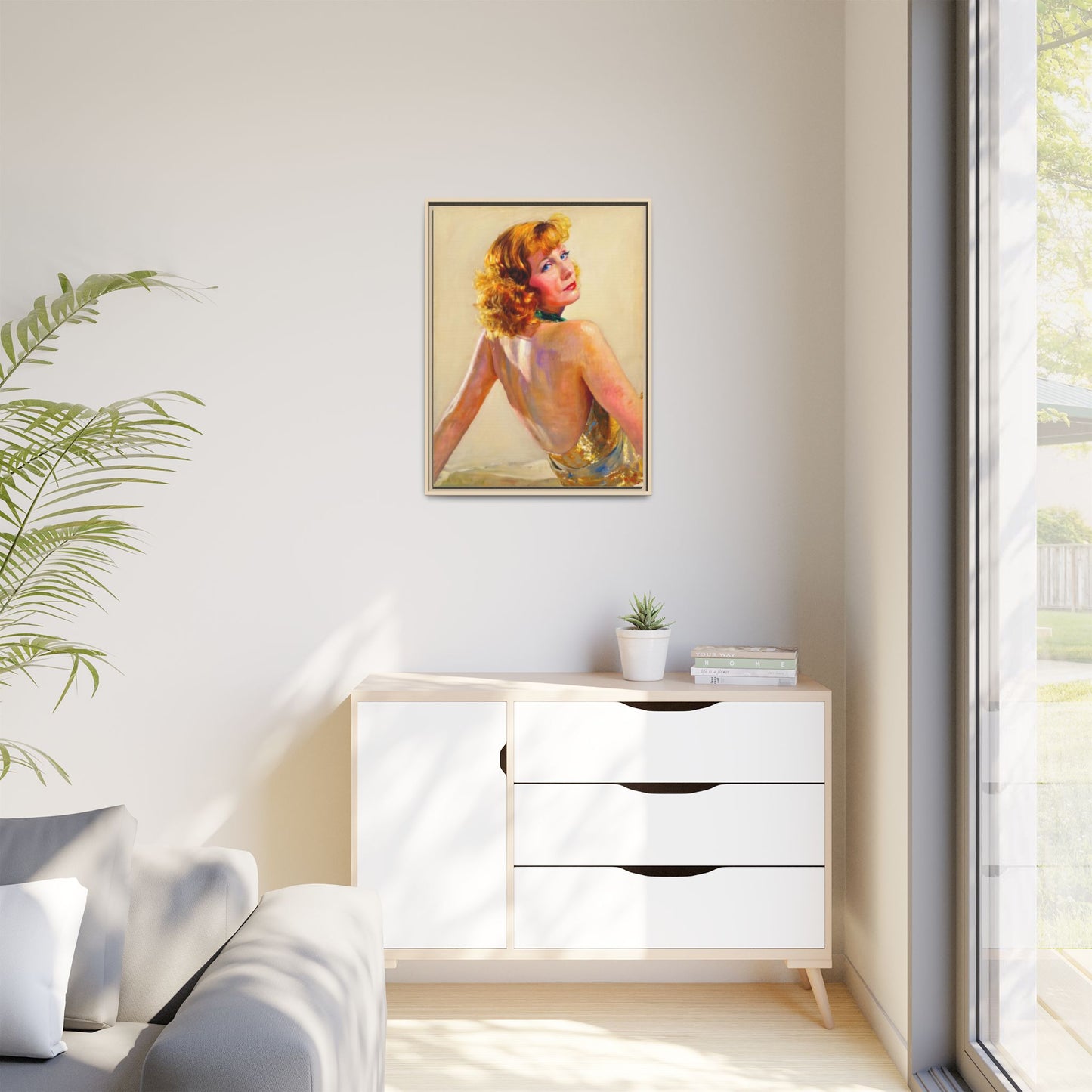 Framed Matte Canvas Print — Vintage Portrait of Redhead Greta Garbo in Gold Dress